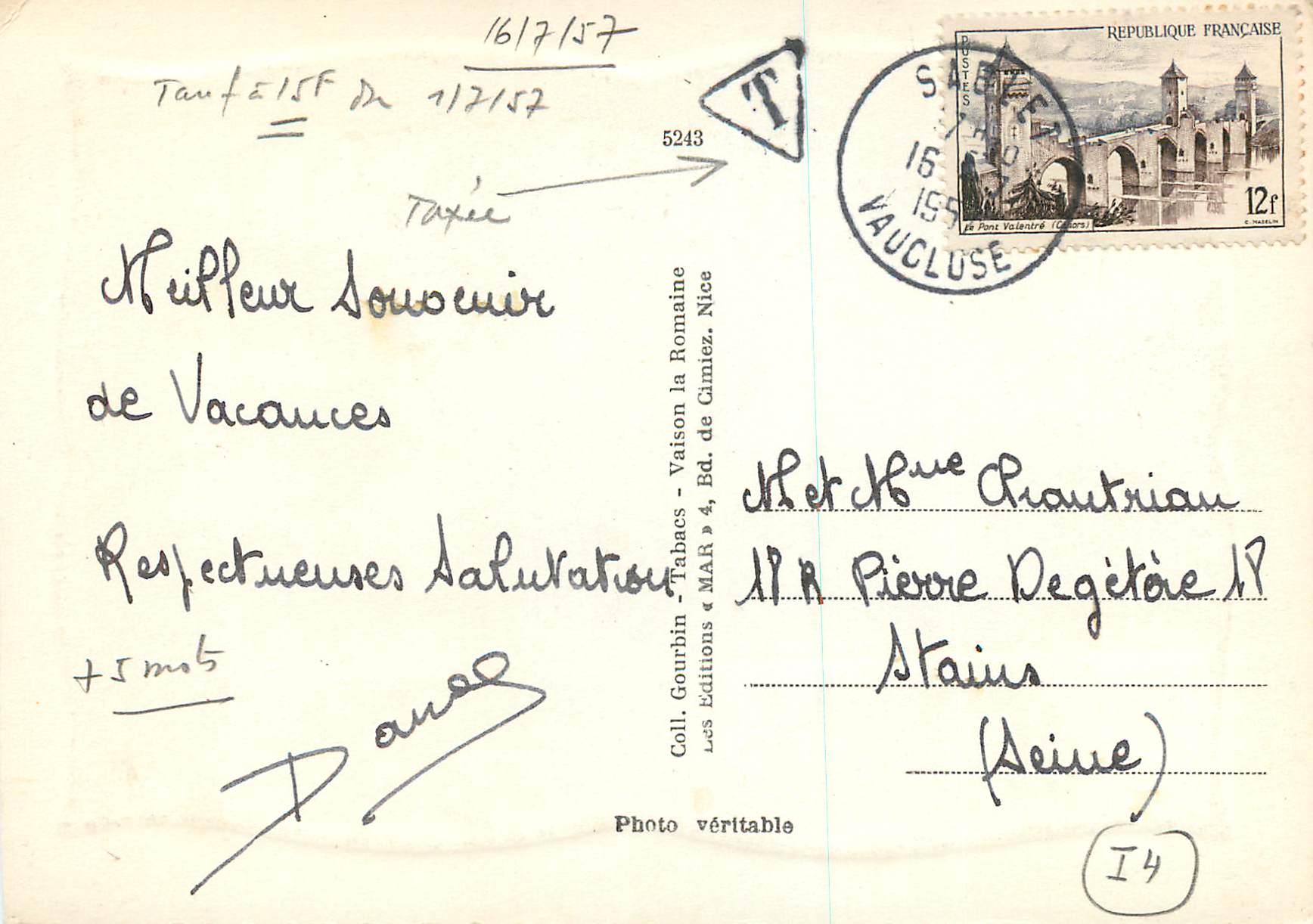 Vaison-la-Romaine — Le Portique de Pompée — Éditions Gourbin, Nice — Rückseite