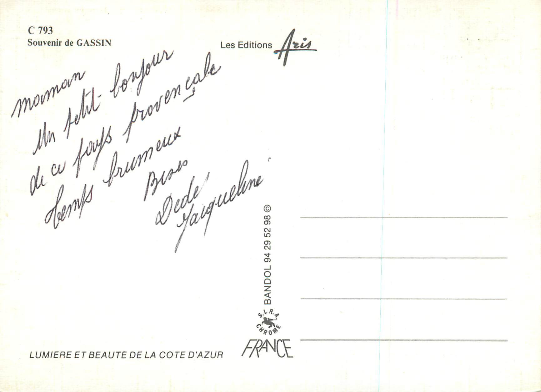 CPM Souvenir de Gassin Lumiere et Beaute de la Cote d'Azur — Rückseite