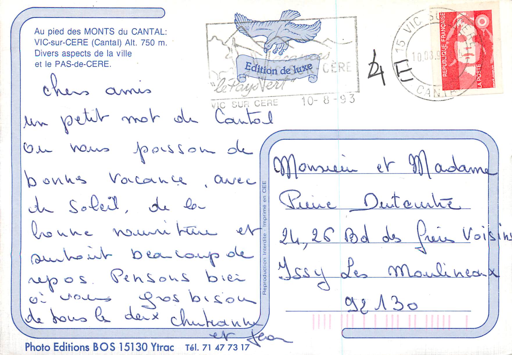 CPM Vic sur Cere Auvergne Au Pied des Monts du Cantal Divers Aspects de la Ville et le Pas de Cere — Rückseite