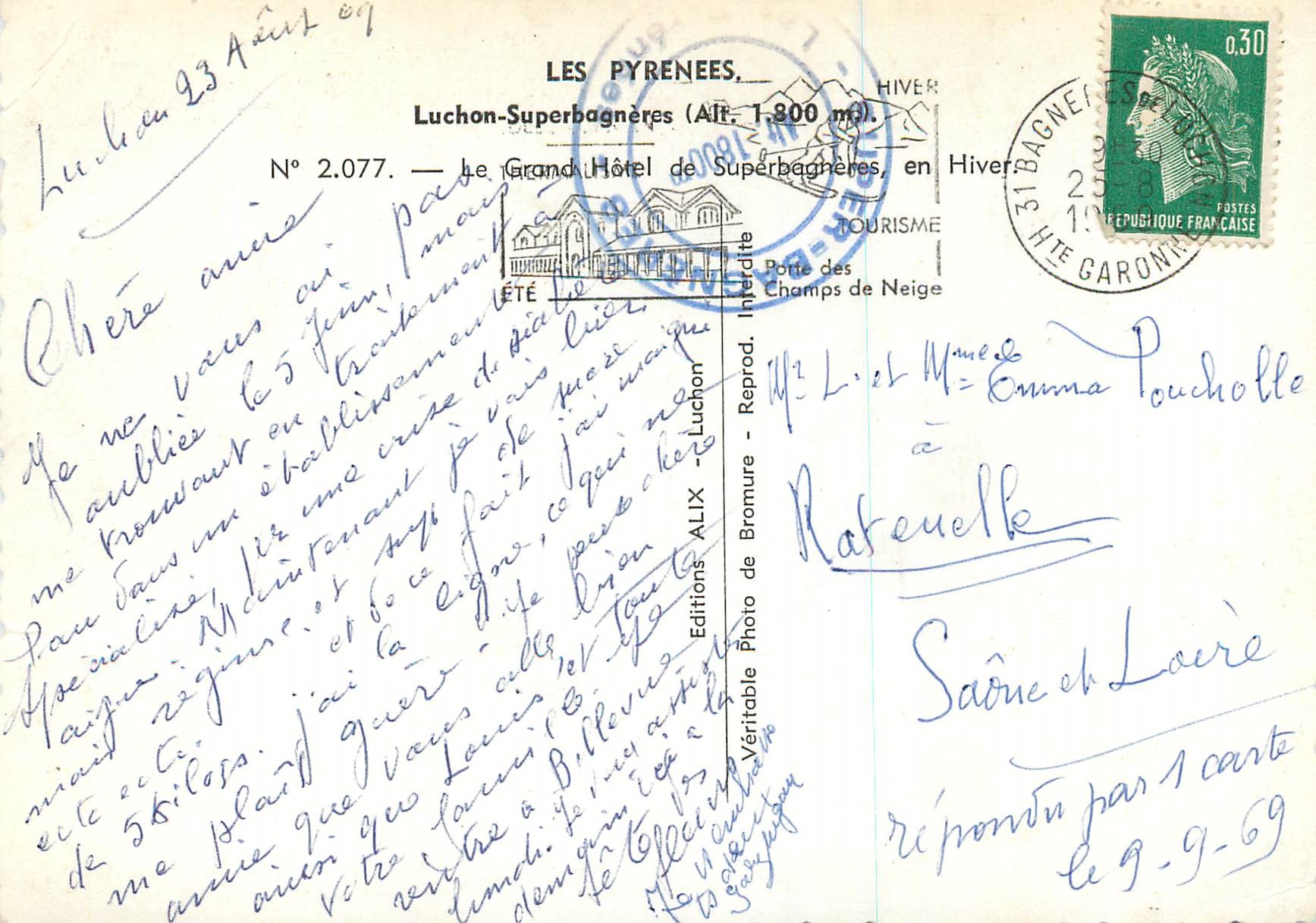 Le Grand Hôtel de Superbagnères — en Hiver — Éditions Photo de Bromure, N° 2.077 — Verso