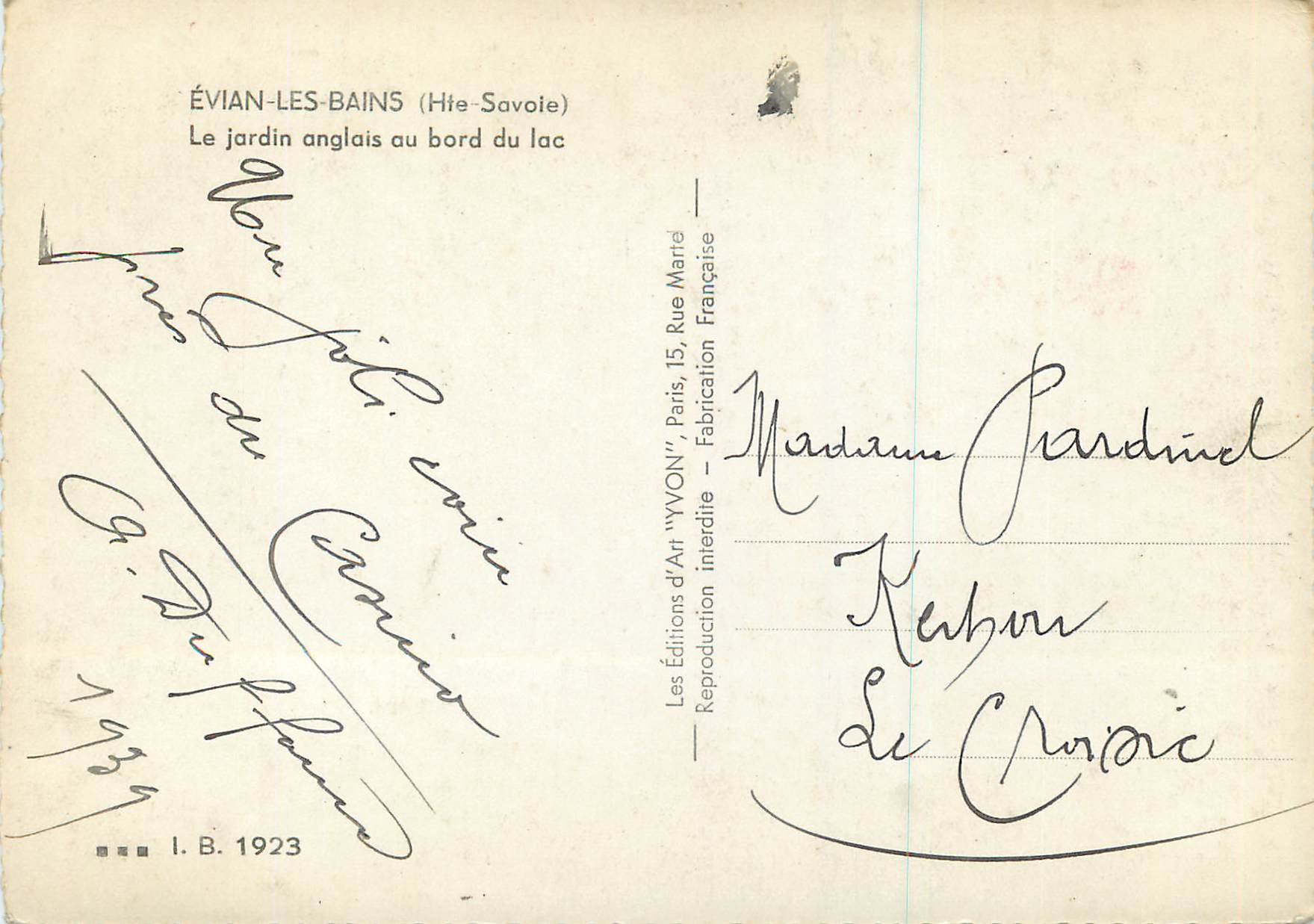 Évian-les-Bains — Le jardin anglais au bord du lac — Éditions d'Art 'YVON', Paris — Verso