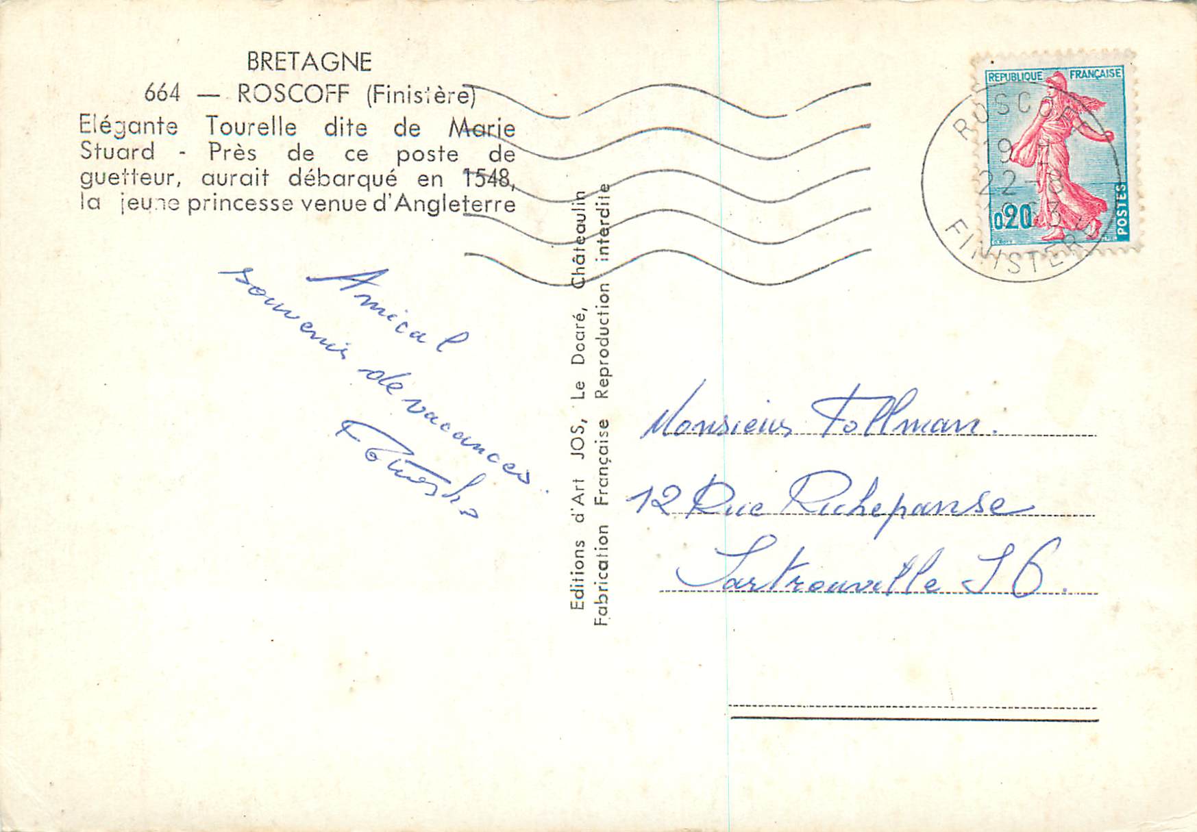 CPM Roscoff (Finistere) Bretagne Elegante Tourelle dite de Marie Stuard — Rückseite
