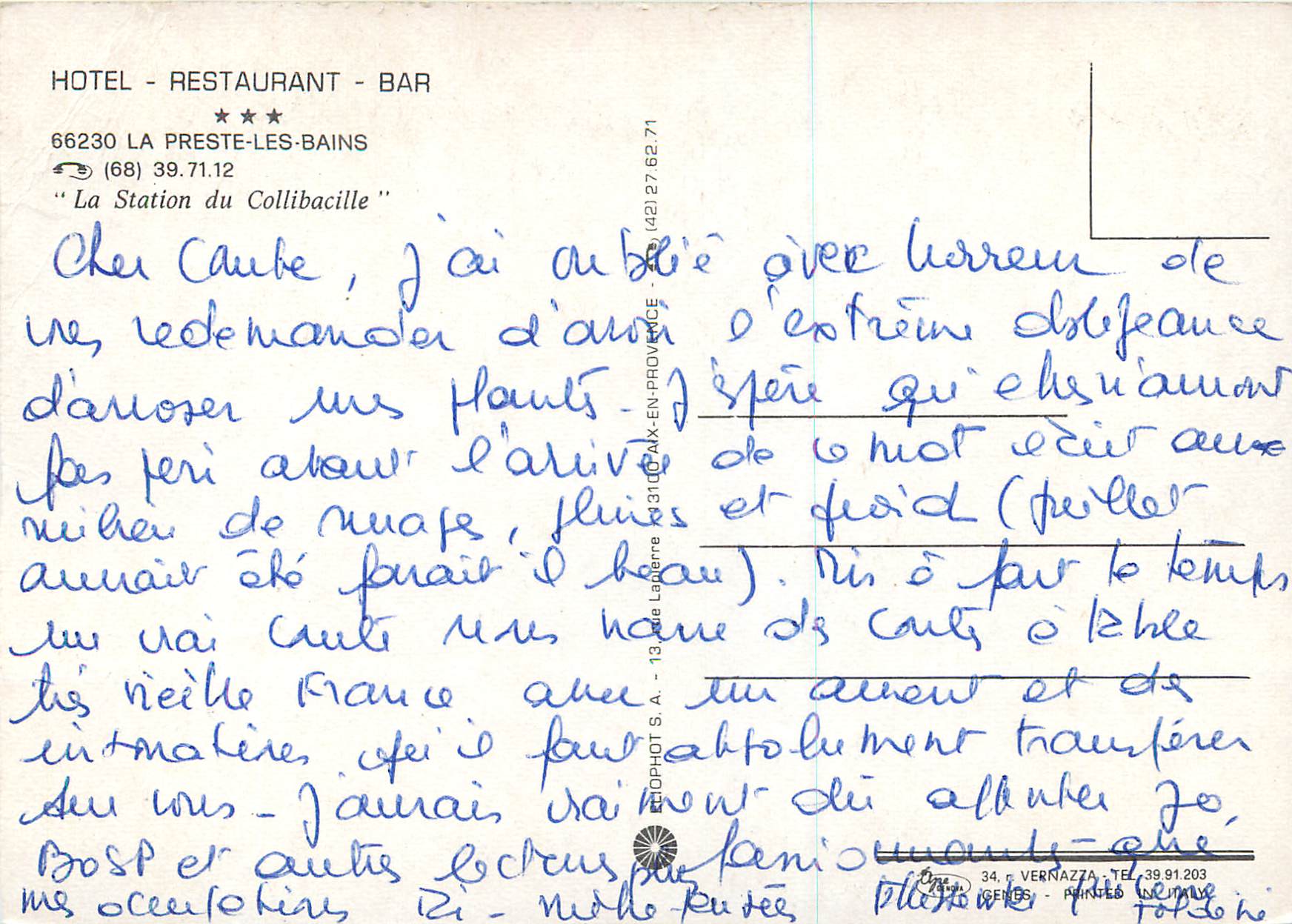CPM La Preste les Bains Le Val du Tech la Station de Collibacille Hotel Restaurant Bar — Rückseite
