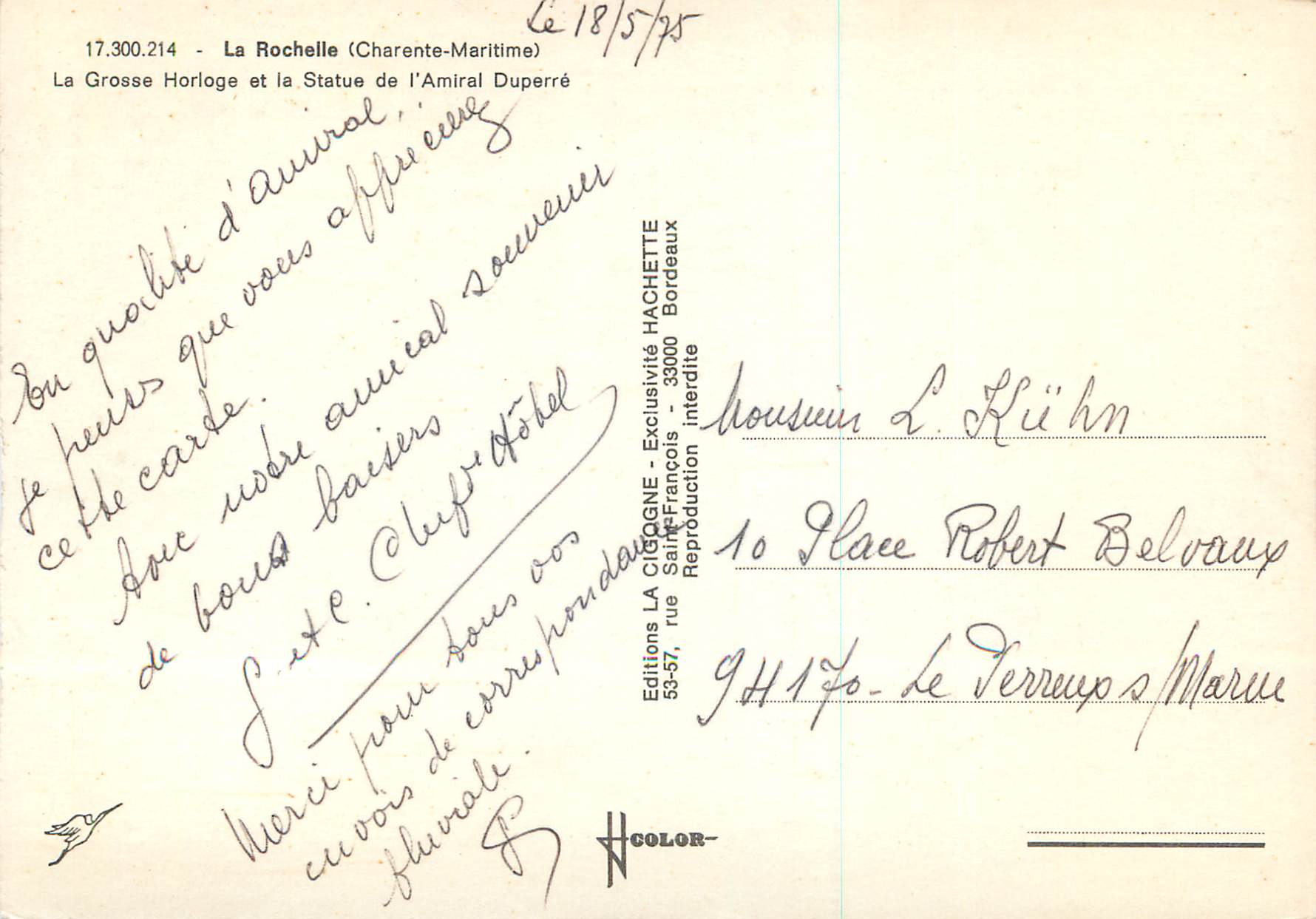CPM La Rochelle (Charente Maritime) La Grosse Horloge et la Staute de l'Amiral Duperre — Verso