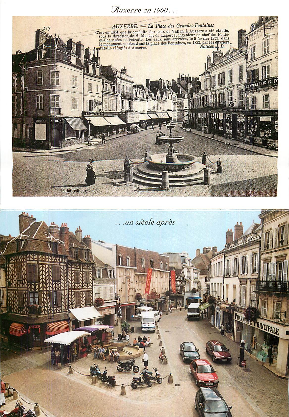 CPM Auxerre en 1900 La Place des Grandes Fontaines et Auxerre en Bougogne Dimenche 5 Mars 2000