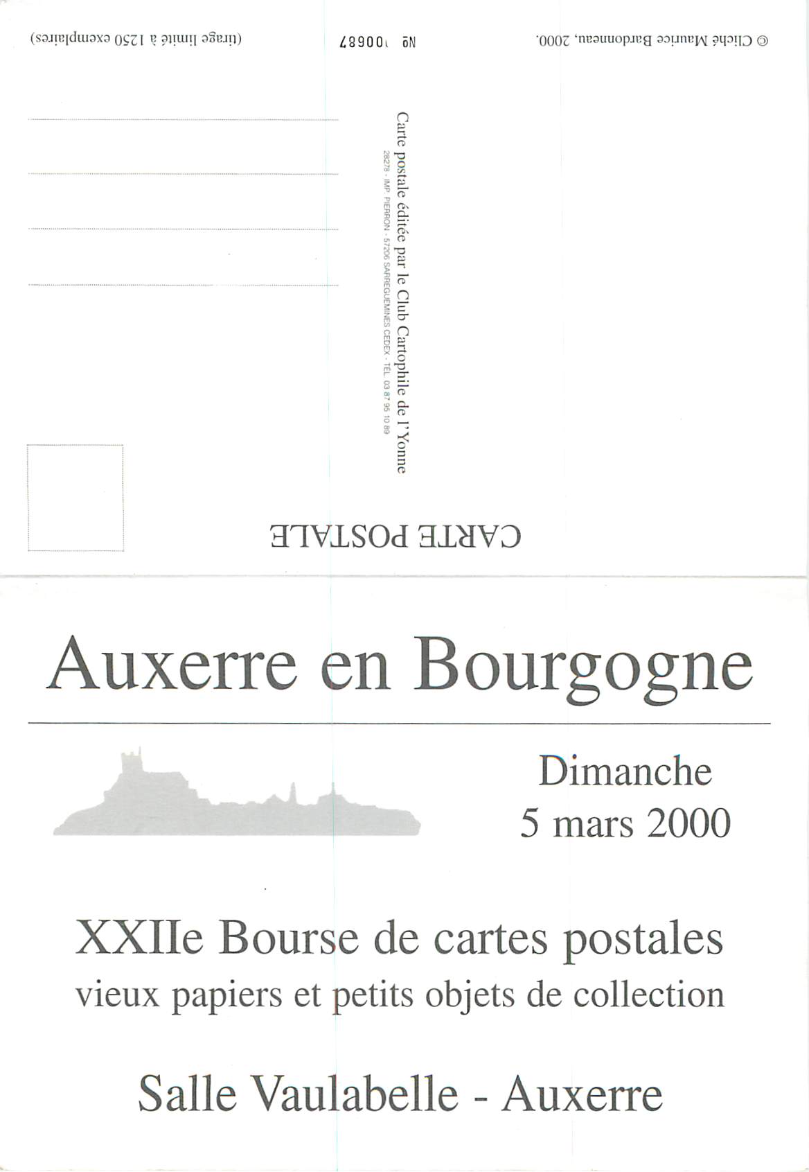 CPM Auxerre en 1900 La Place des Grandes Fontaines et Auxerre en Bougogne Dimenche 5 Mars 2000 — Verso