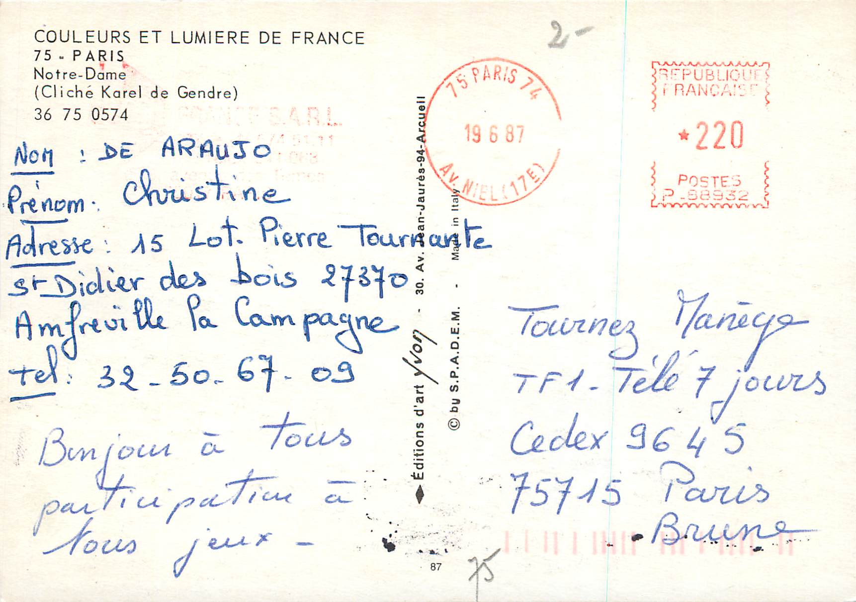 CPM Paris Notre Dame (Cliche karel de Gendre) — Verso