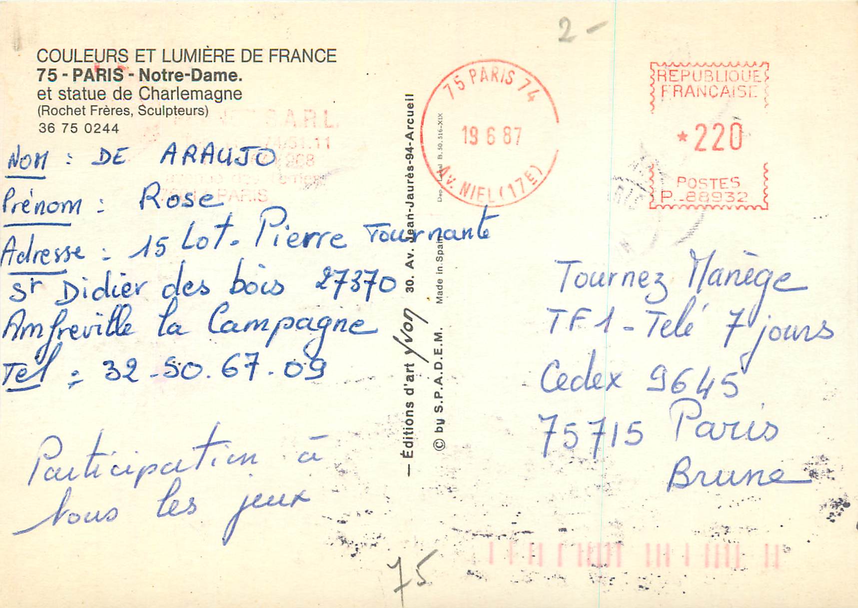 CPM Paris Notre Dame et Statue de Charlemagne (Rochet Freres Sculpteurs) — Verso