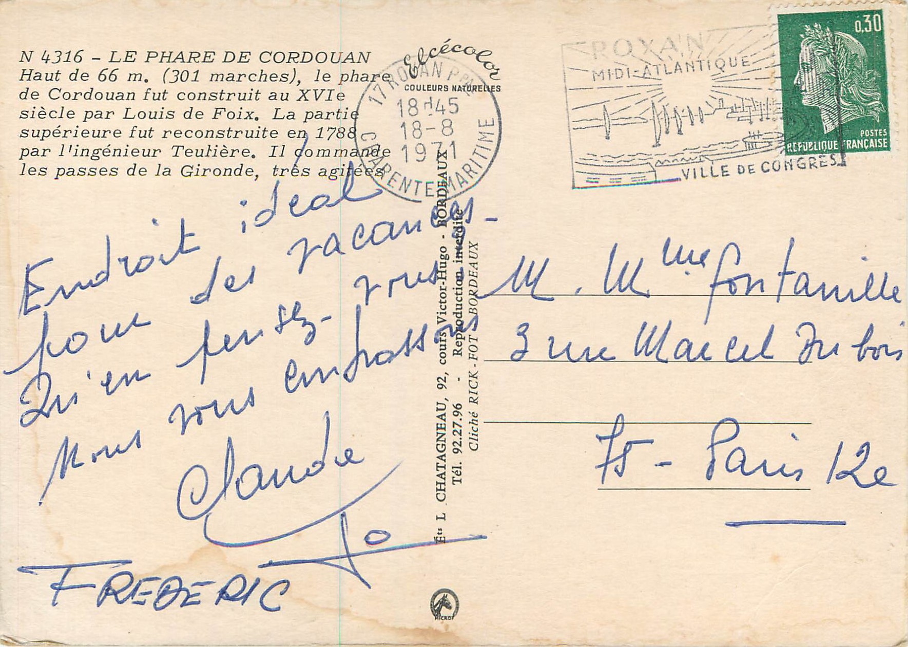 CPM Le Phare de Cordouan Haut de 66 m (301 Marches) — Rückseite