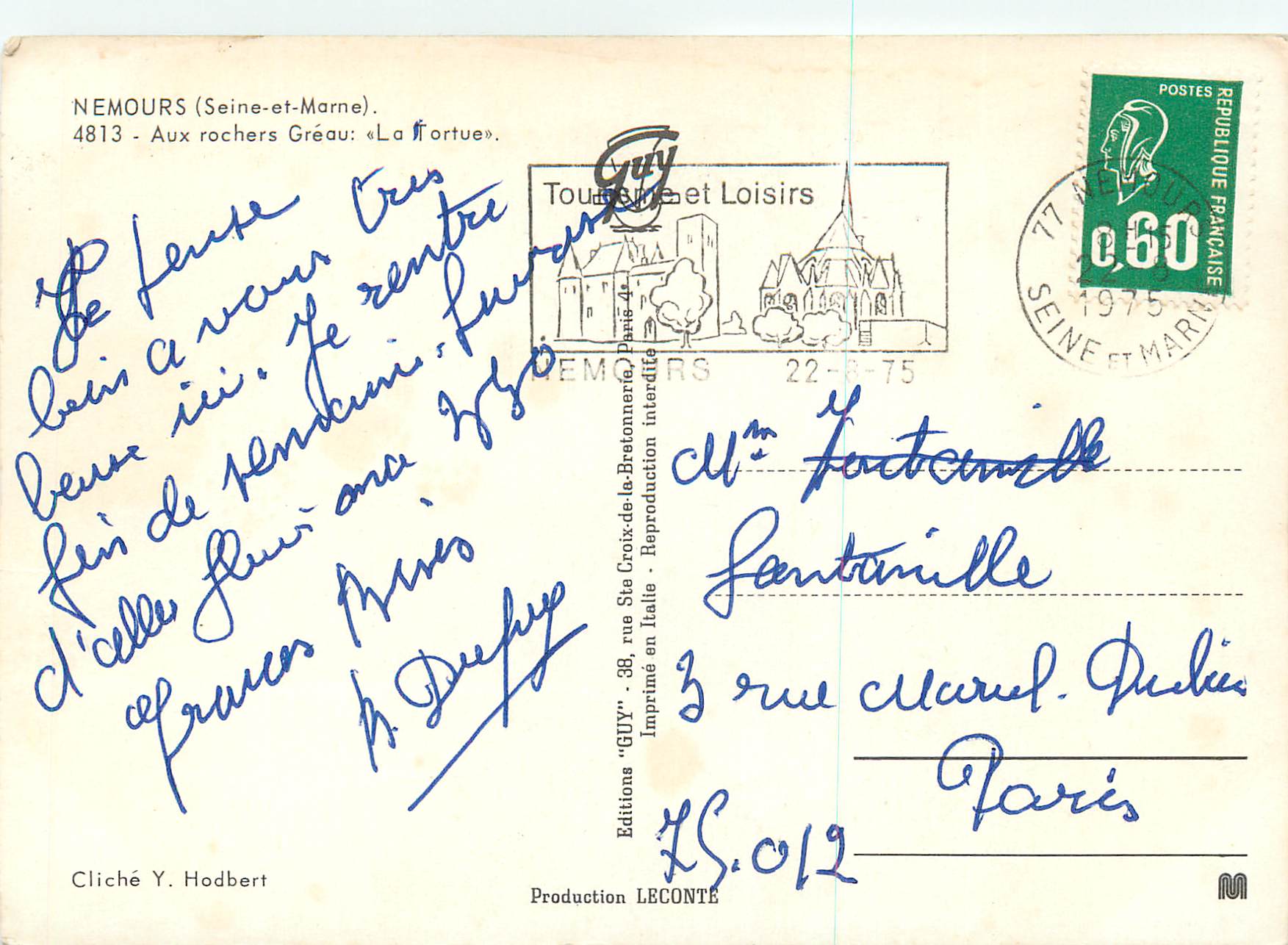 CPM Nemours (Seine et Marne) Aux Rochers Greau La Tortue — Rückseite