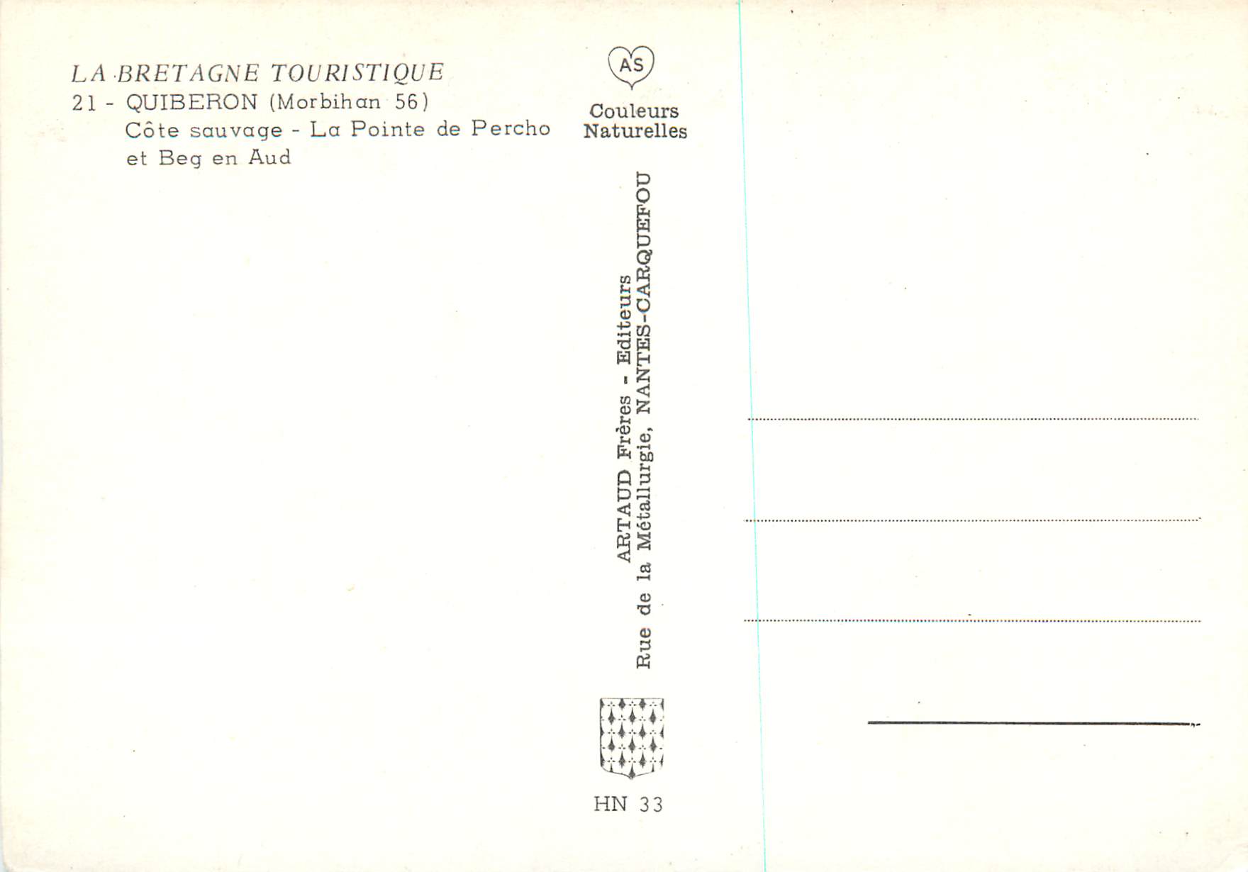 Côte sauvage - La Pointe de Percho — La Bretagne Touristique, éditeur ARTAUD Prêtres, Nantes — Verso