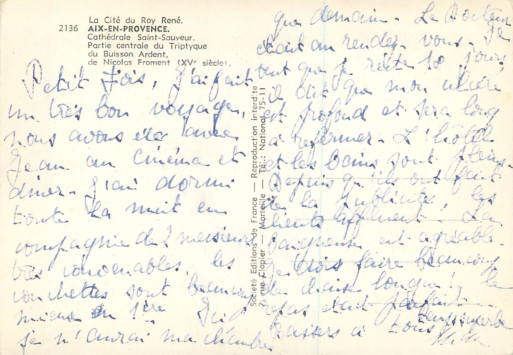 La Cité du Roy René — Cathédrale Saint-Sauveur, Partie centrale du Triptyque du Buisson Ardent (XVe siècle) — Société d'Éditions de France, Marseille — Verso