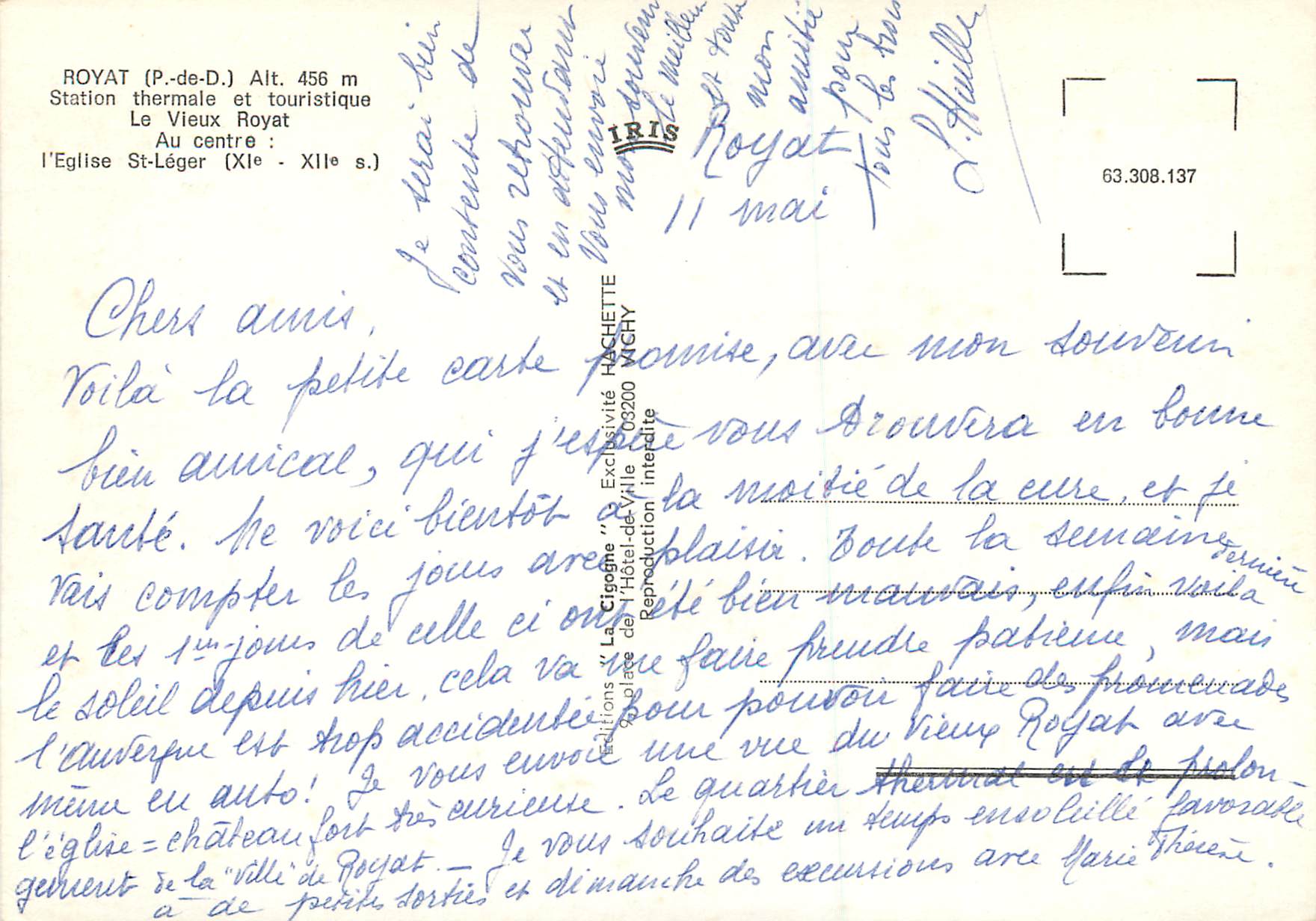 Le Vieux Royat — vue panoramique — Éditions La Cigogne, n° 63.308.137 — Verso
