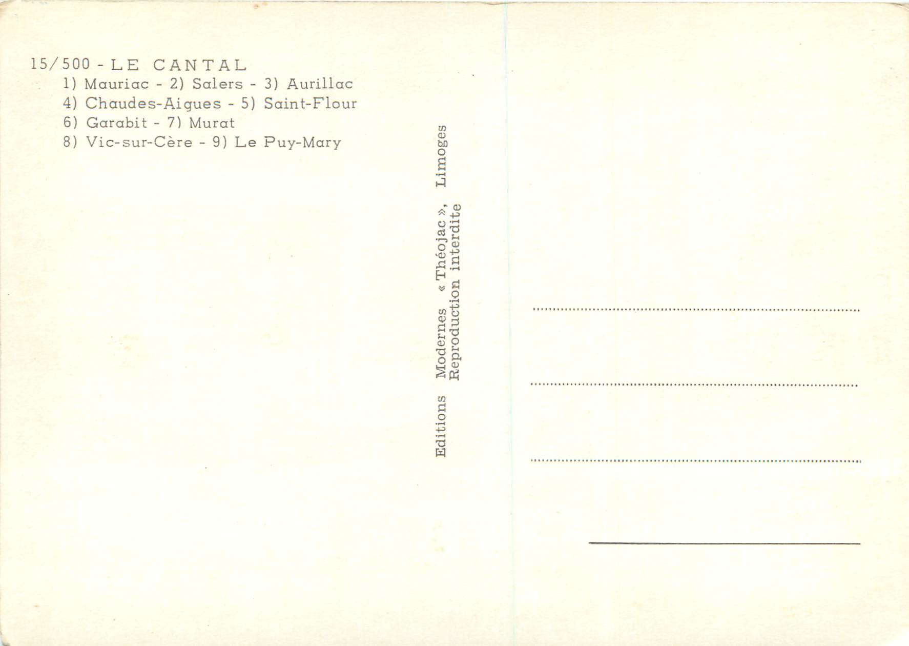 CPM le Cantal Mauriac Salers Aurillac Chaudes Aigues Saint Flour Garabit Murat Vic sur Cere Le Puy Mary — Rückseite