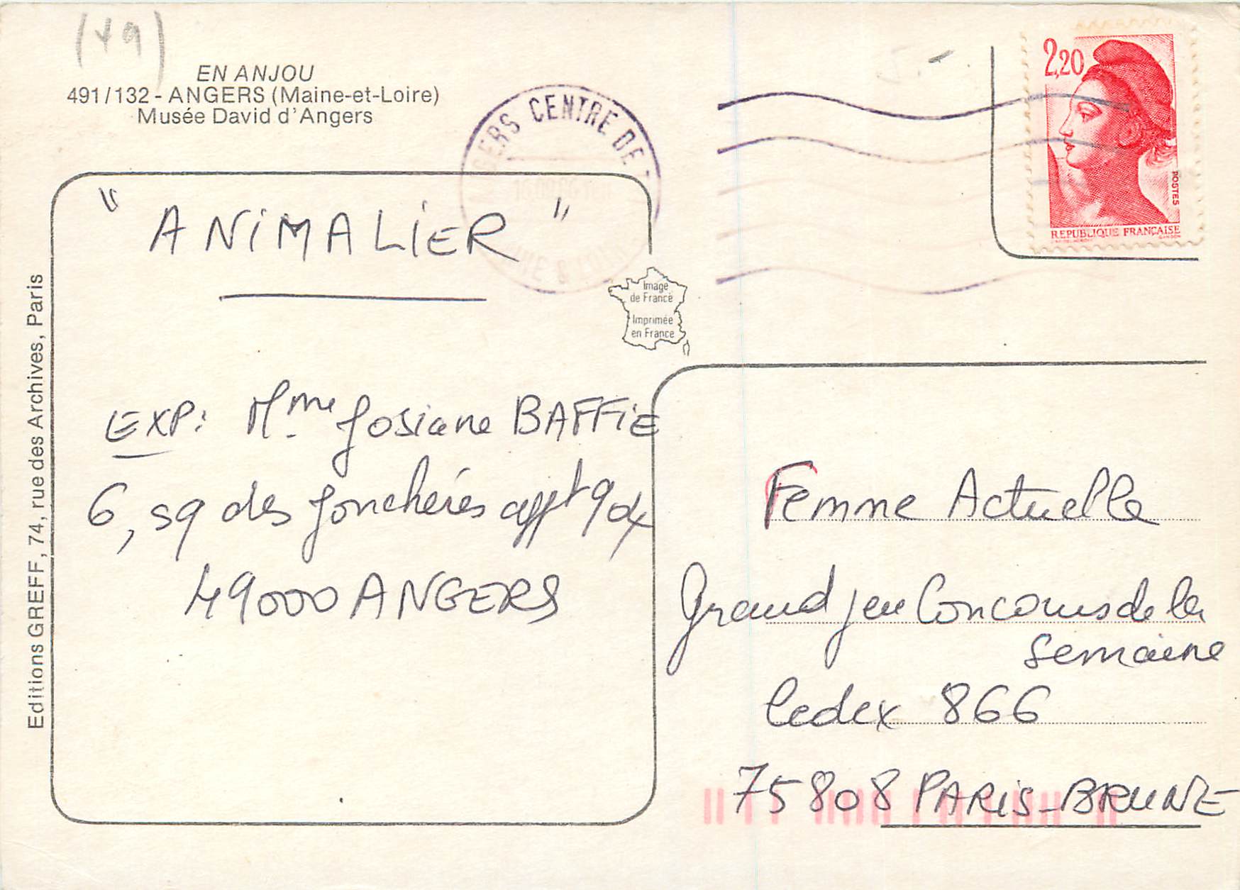 CPM En Anjou Angers (Maine et Loire) Musee David d'Angers — Rückseite