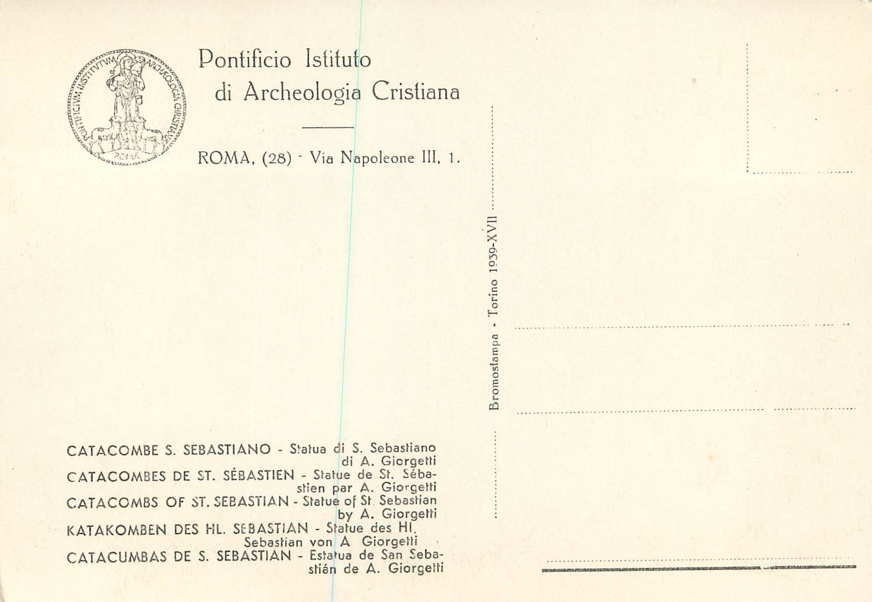 CPM Roma Via Napoleone III Portifico IStituto Catacombes de St Sebastien Statue de St Sebastien — Rückseite
