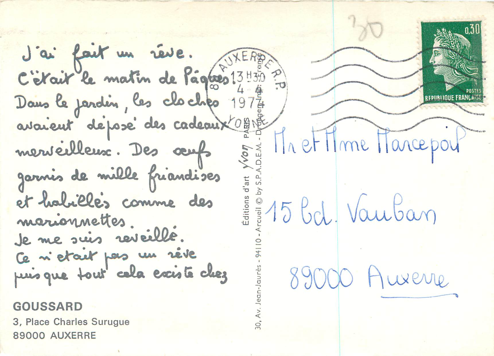 CPM Auxerre Goussard Place Charles Surugue — Verso