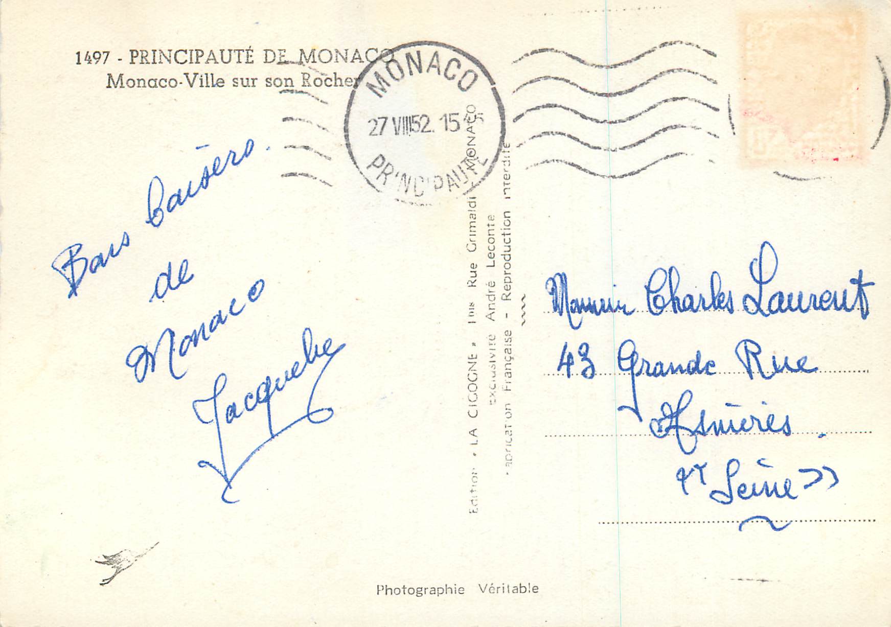 Monaco-Ville sur son Rocher — La Cigogne — Éditeur LA CIGOGNE, n° 1497 — Rückseite