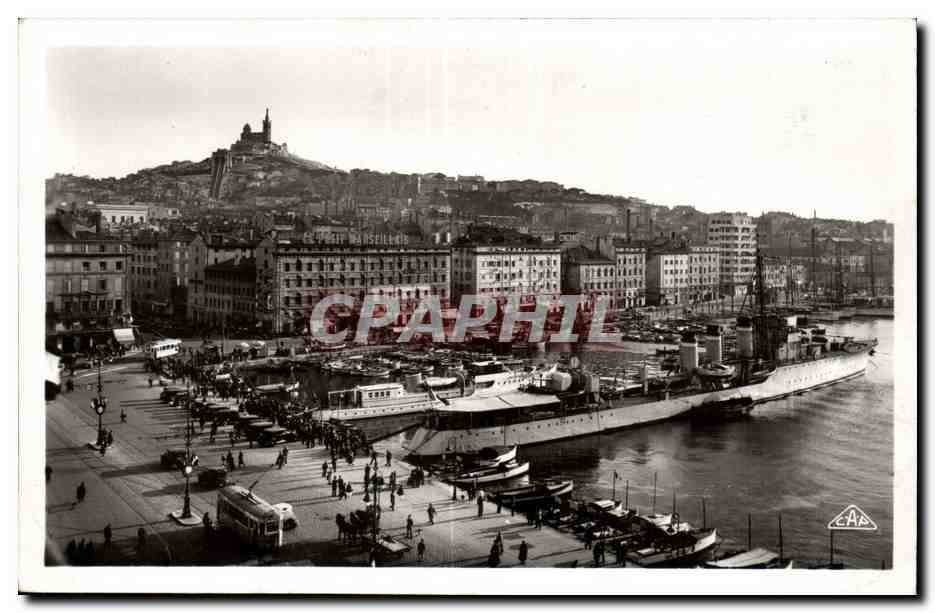 Puerto de Marsella — vista del Vieux-Port con nave militar — editor C.A.P. n°140