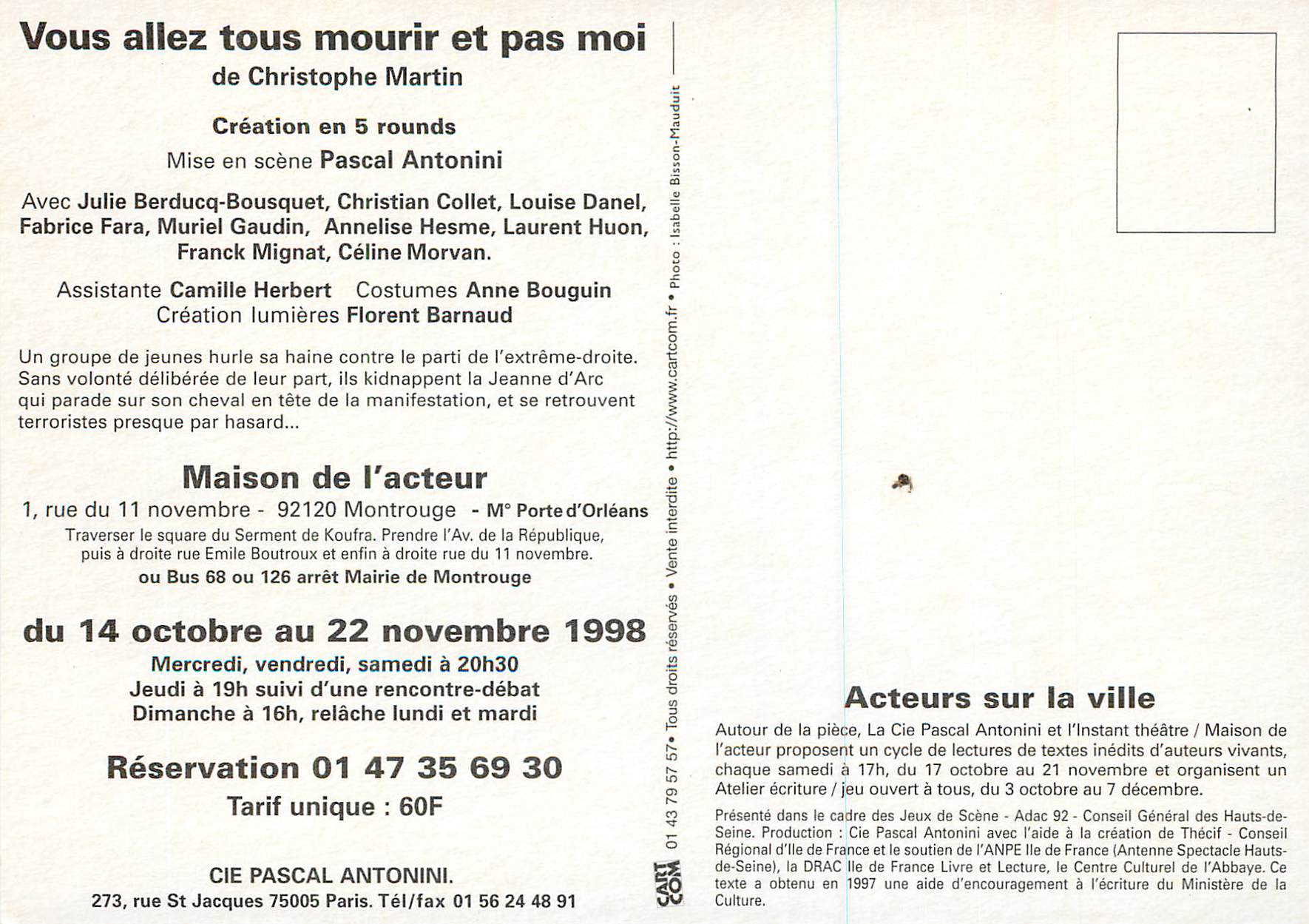 CPM Vous allez tous Mourir et pas Moi Compagnie Pascal Antonini Theatre Maison de l'acteur Montrouge — Rückseite