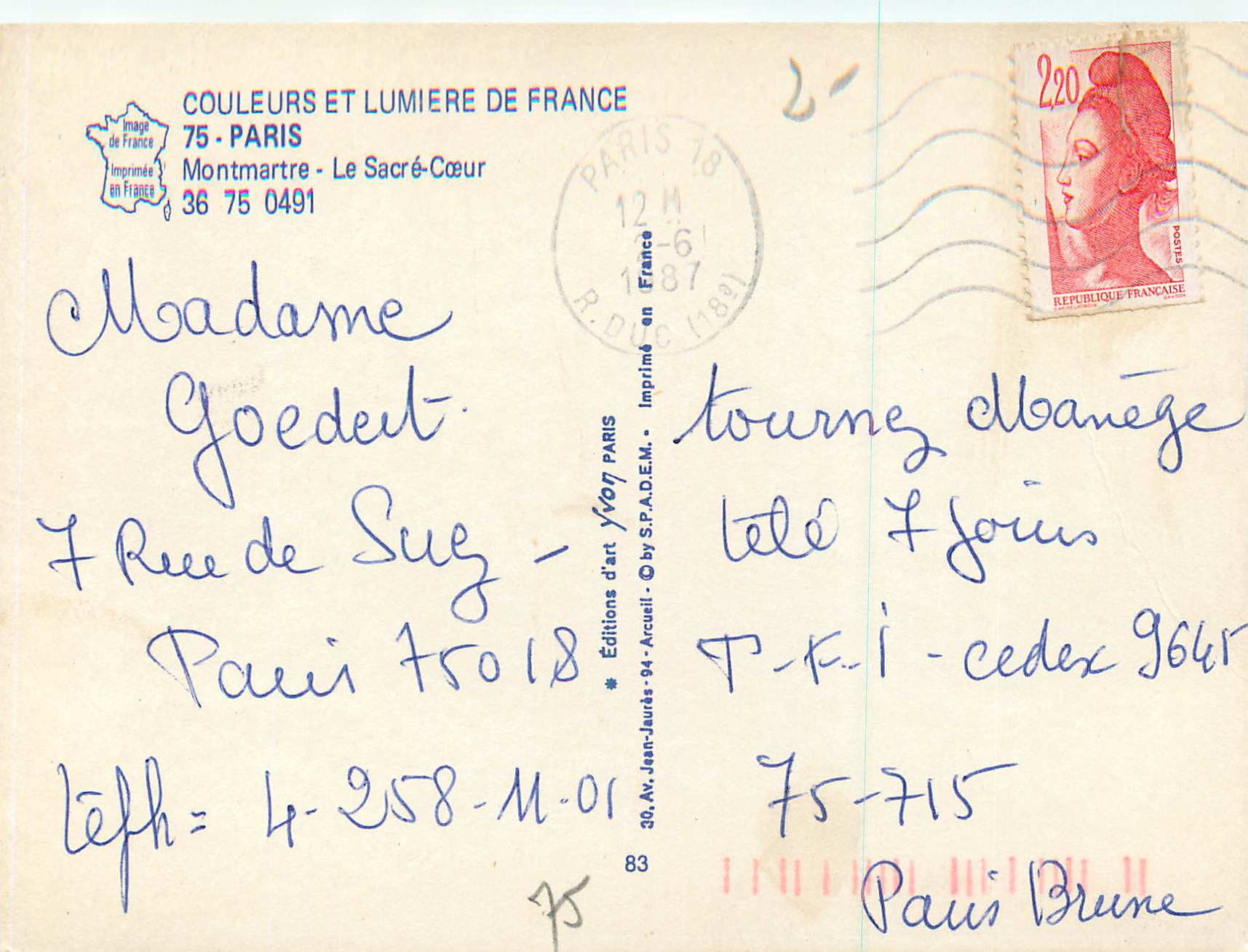 CPM Paris Couleurs et Lumiere de France Montmartre le Sacre Coeur — Rückseite