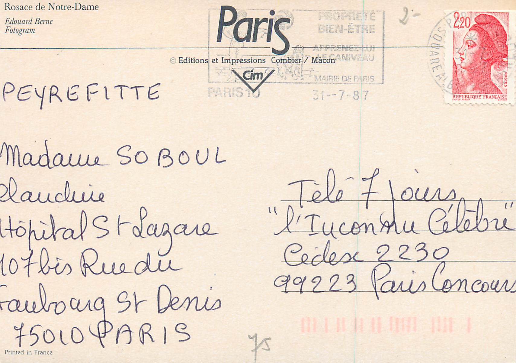 CPM Paris Rosace de Notre Dame — Verso