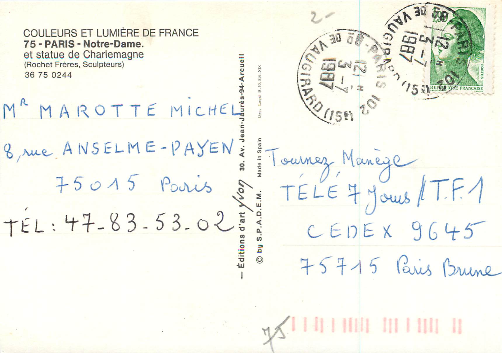 Notre-Dame de Paris — statue de Charlemagne — éditeur Yvon — Verso