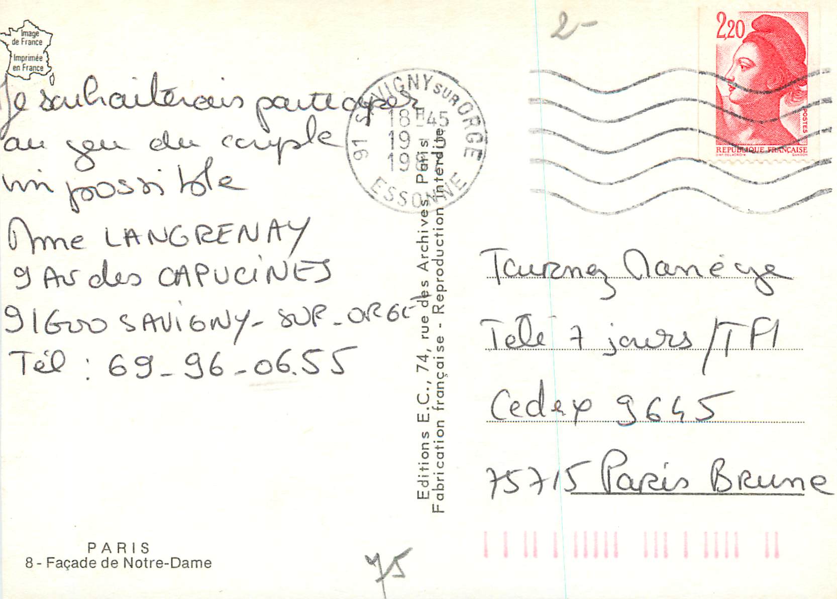 CPM Paris Facade de Notre Dame — Verso
