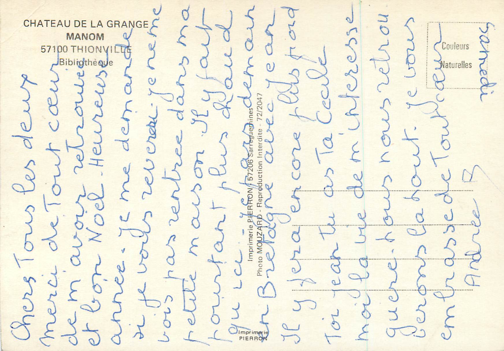 CPM Chateau de la Grange Manom Thionville Bibliotheque — Back
