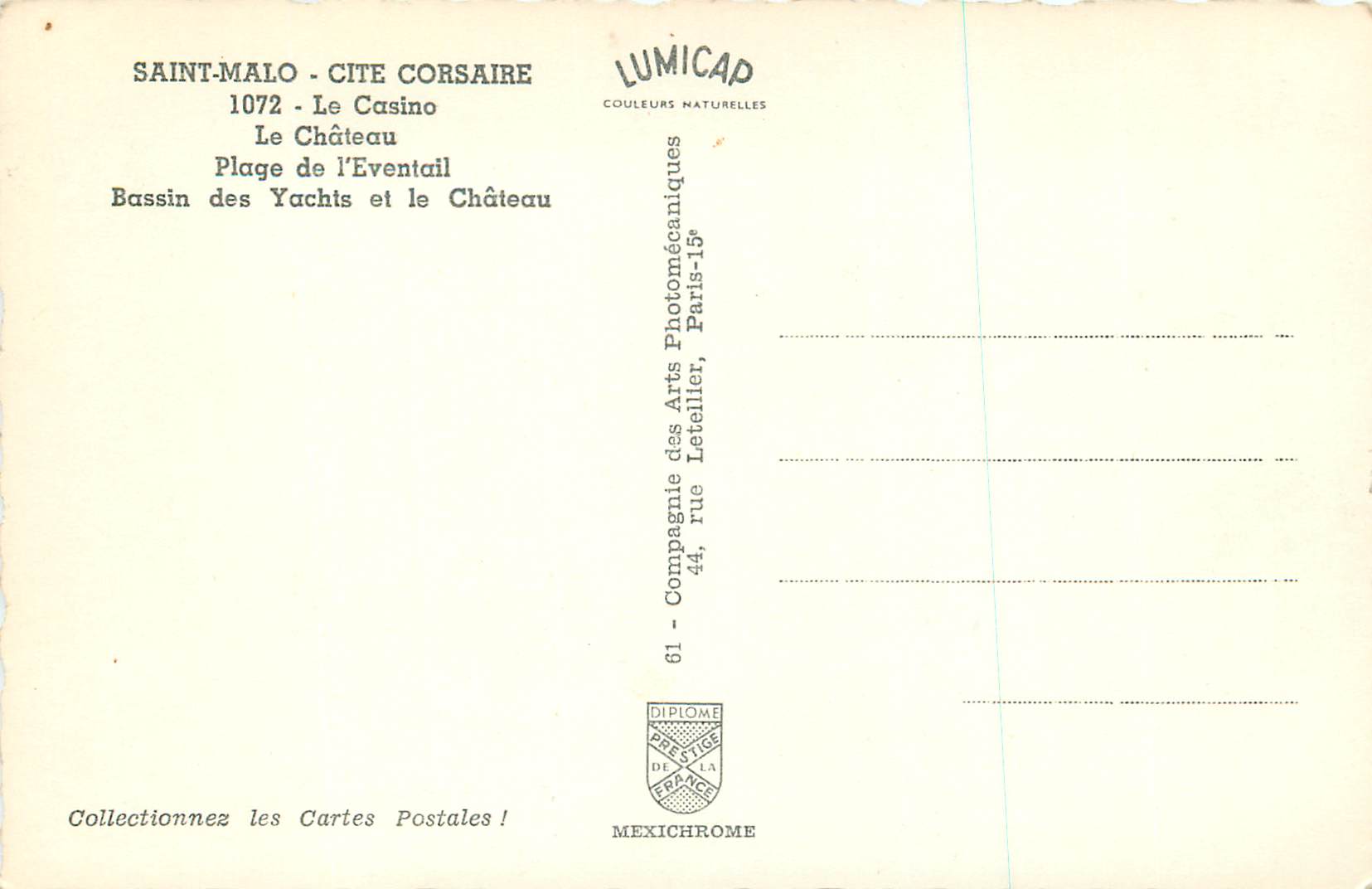 St-Malo - Cité Corsaire — Lumicap, série 1072 — Verso