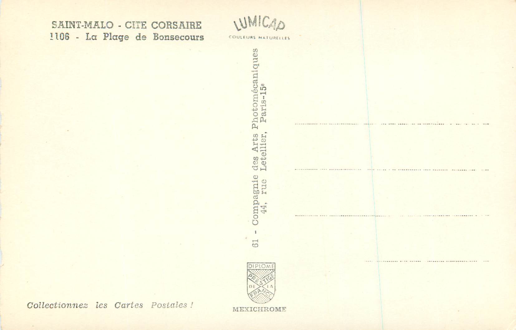 Saint-Malo - Piratenstadt — Strand von Bonsecours — Verlag LUMICAP, n° 1106 — Rückseite