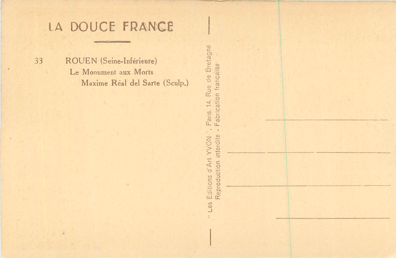 CPA Rouen (Seine Inferieure) le Monument aux Morts la Douce France — Verso