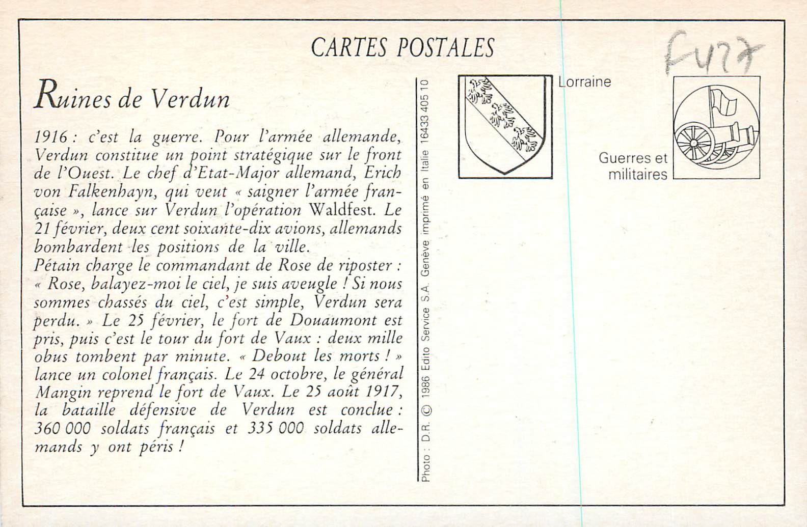 Verdun — Ses Ruines — Vue générale prise des bords de la Mense — Éditeur : Service S.A. Genève — Achterkant