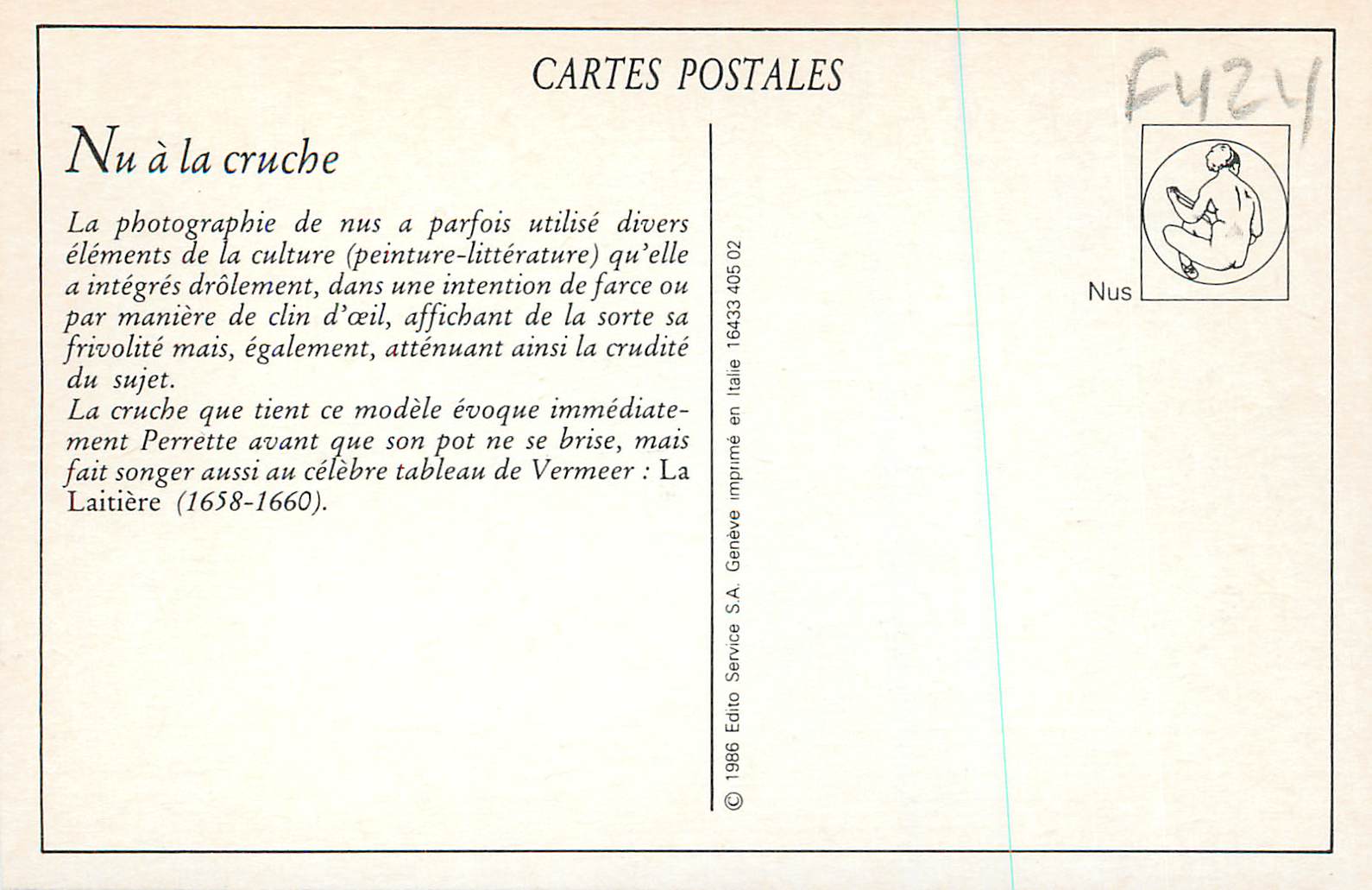 Nu à la cruche — éditeur Éditions Service S.A., Genève — n° 552 — Reverso