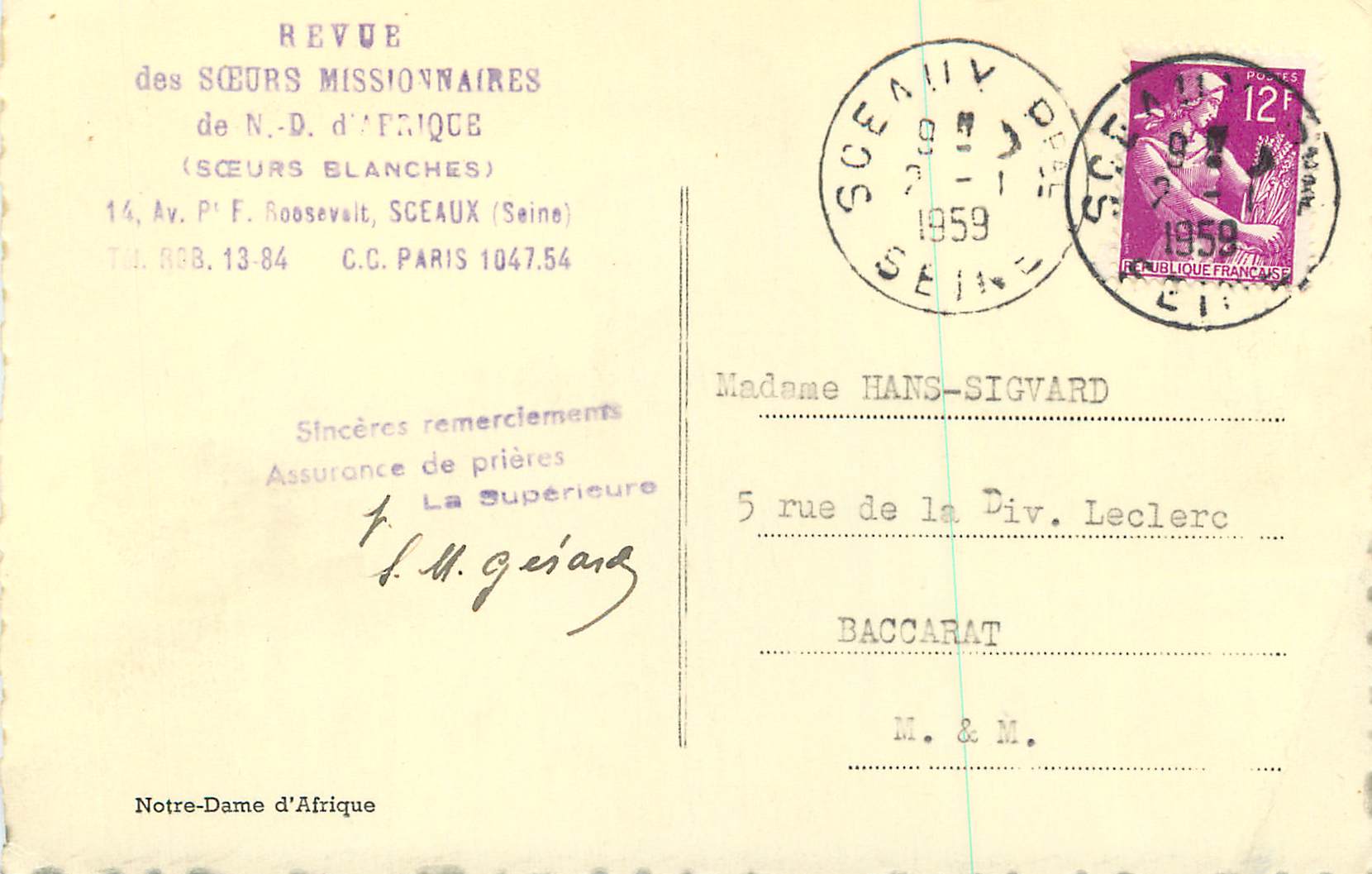 CPM Notre Dame d'Afrique Cachet Revue des Sœurs Missionnaires Sceaux — Verso