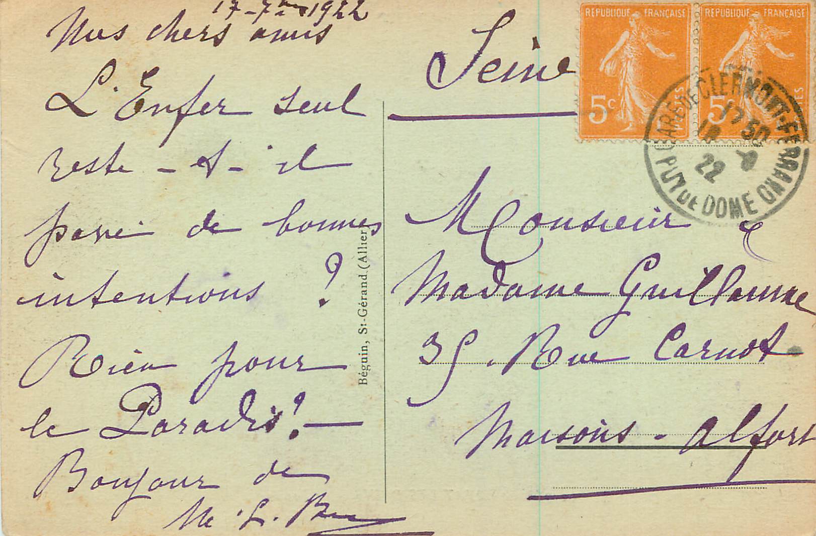 CPA Royat les Bains L'Auvergne Pittoresque Le Paradis — Rückseite
