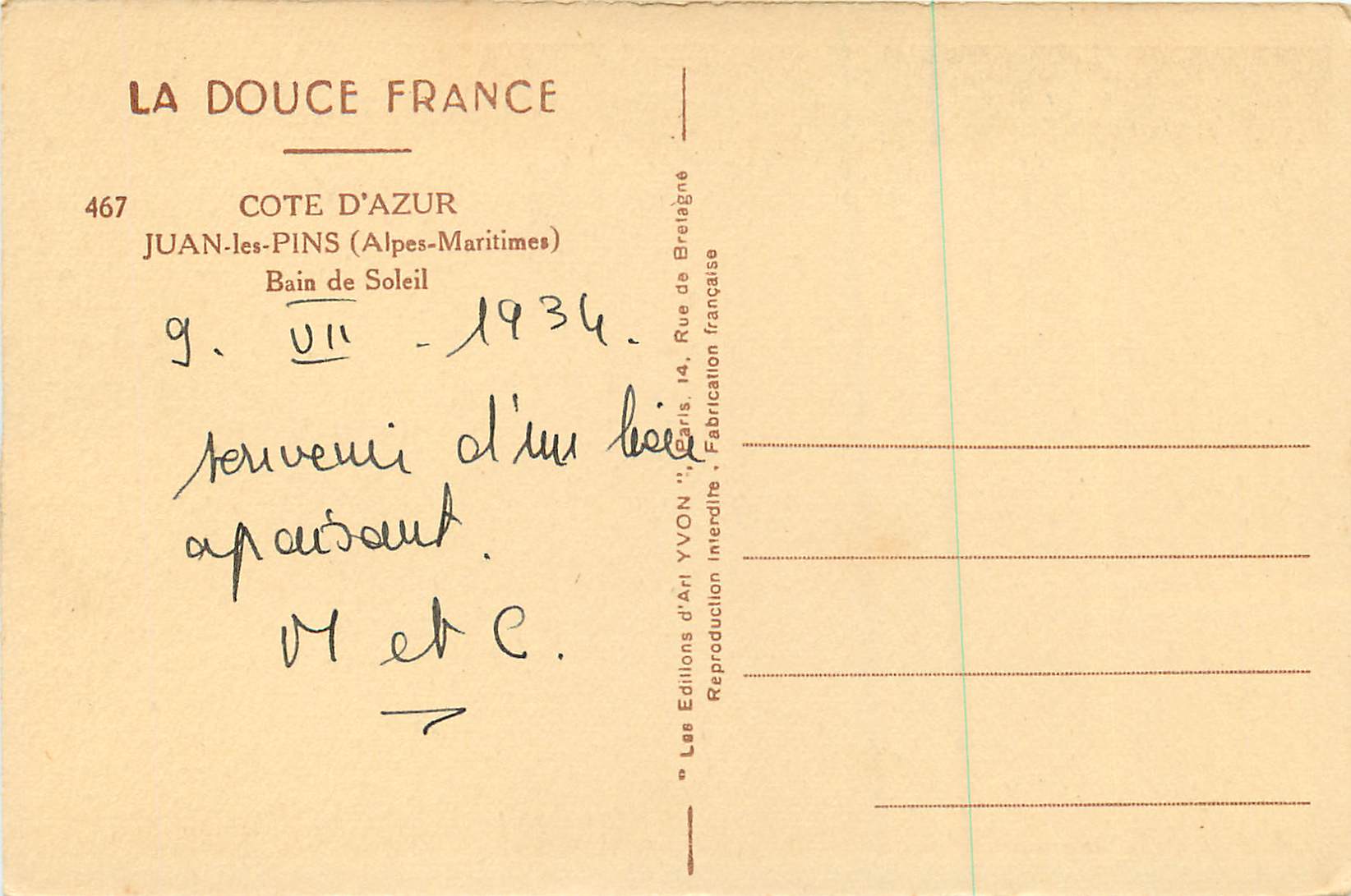 CPA Juan les Pins (Alpes Maritimes) Cote d'Azur La Douce France Bain de Soleil — Rückseite