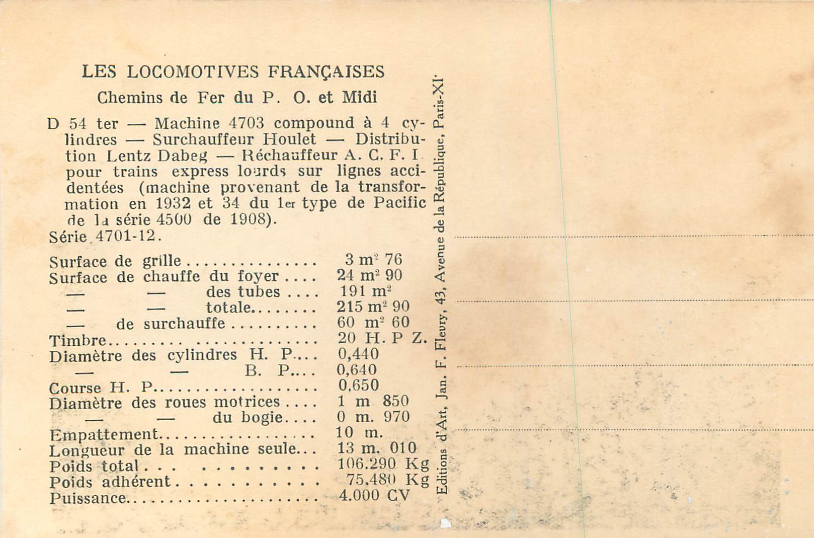 CPA Les Locomotives Francaises Chemins de Fer du P O et Midi Machine 4703 Train — Rückseite