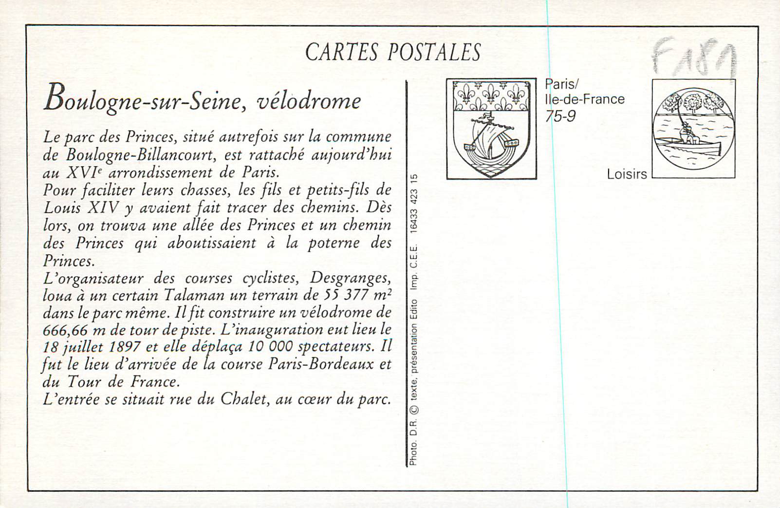 REPRO Boulogne sur Seine Entree du Velodrome du Parc des Princes — Back