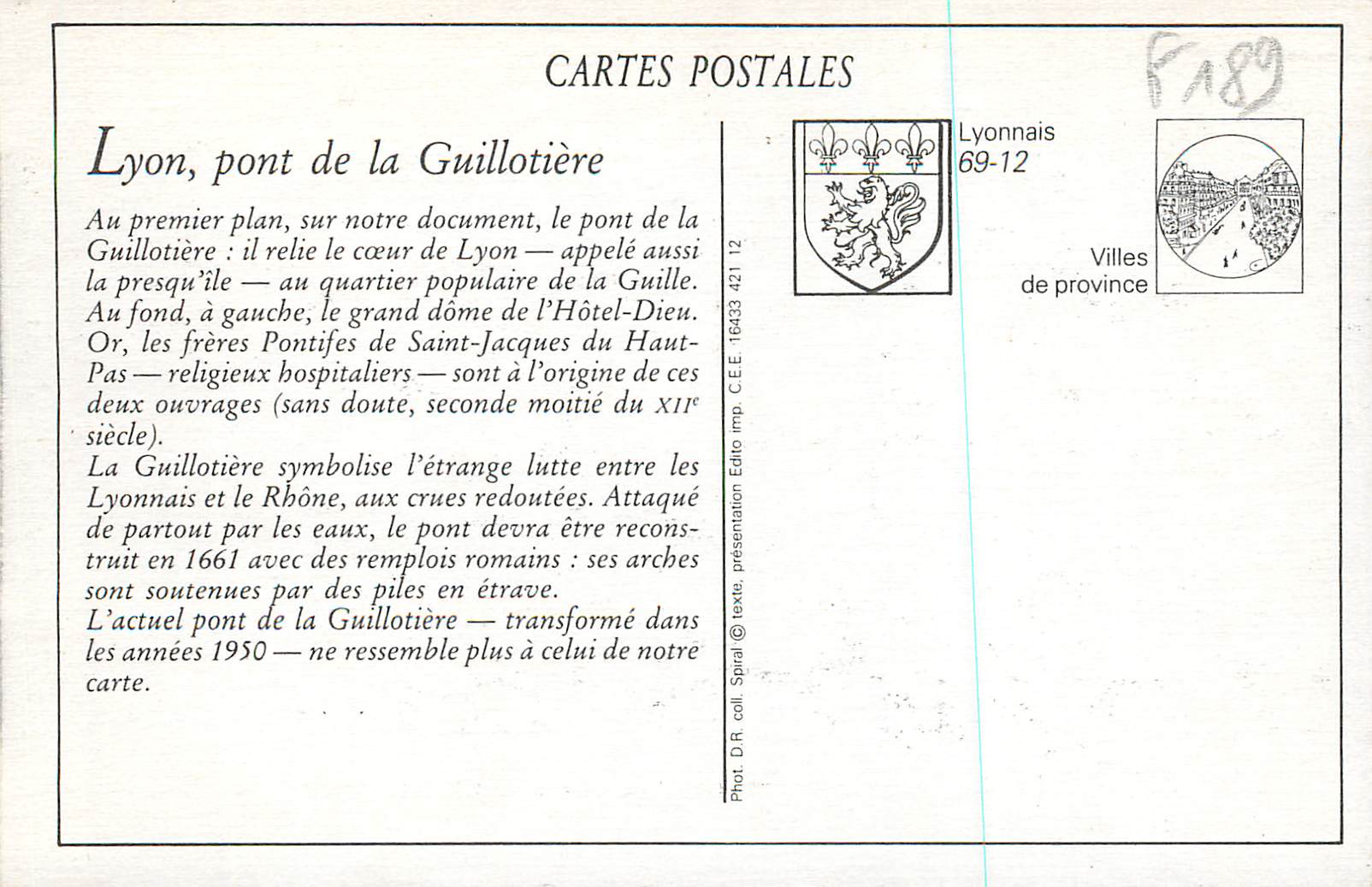REPRO Lyon Perspective des Ponts de la Guillotiere et Quais du Rhone — Rückseite