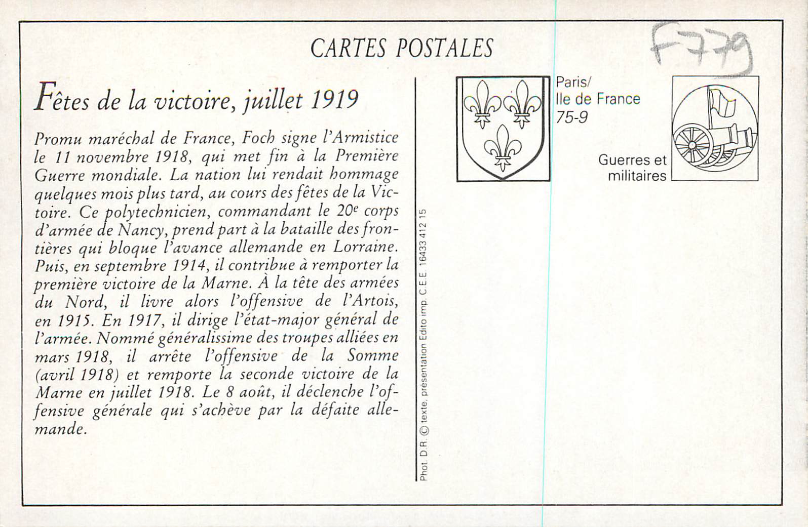 REPRO Les Fetes de la Victoire a Paris 14 Juillet 1919 Remise d'une Gerbe au Marechal Foch — Rückseite