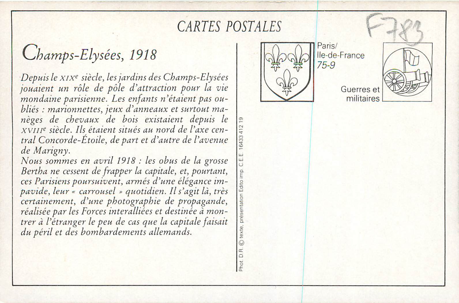 REPRO Paris Under Bombardementet (April 1918) Karousellen i Champs Elysees — Rückseite