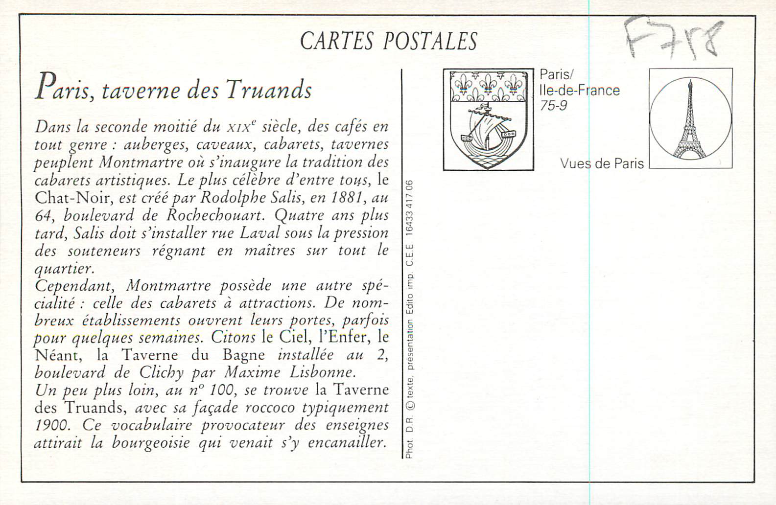 REPRO Tout Paris Taverne des Truands Boulevard de Clichy — Rückseite