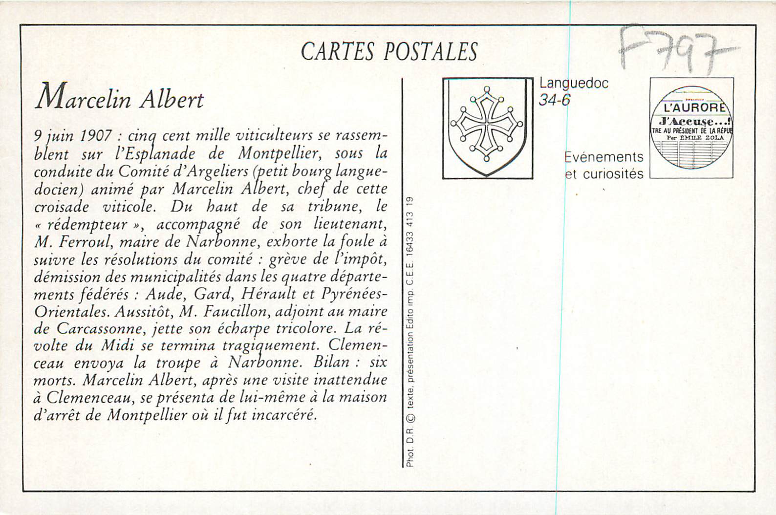 Marcelin Albert — Souvenir du meeting vinicole — Montpellier, le 9 juin 1907 — Éd. L. J. Albaille, n° 80 — Reverso