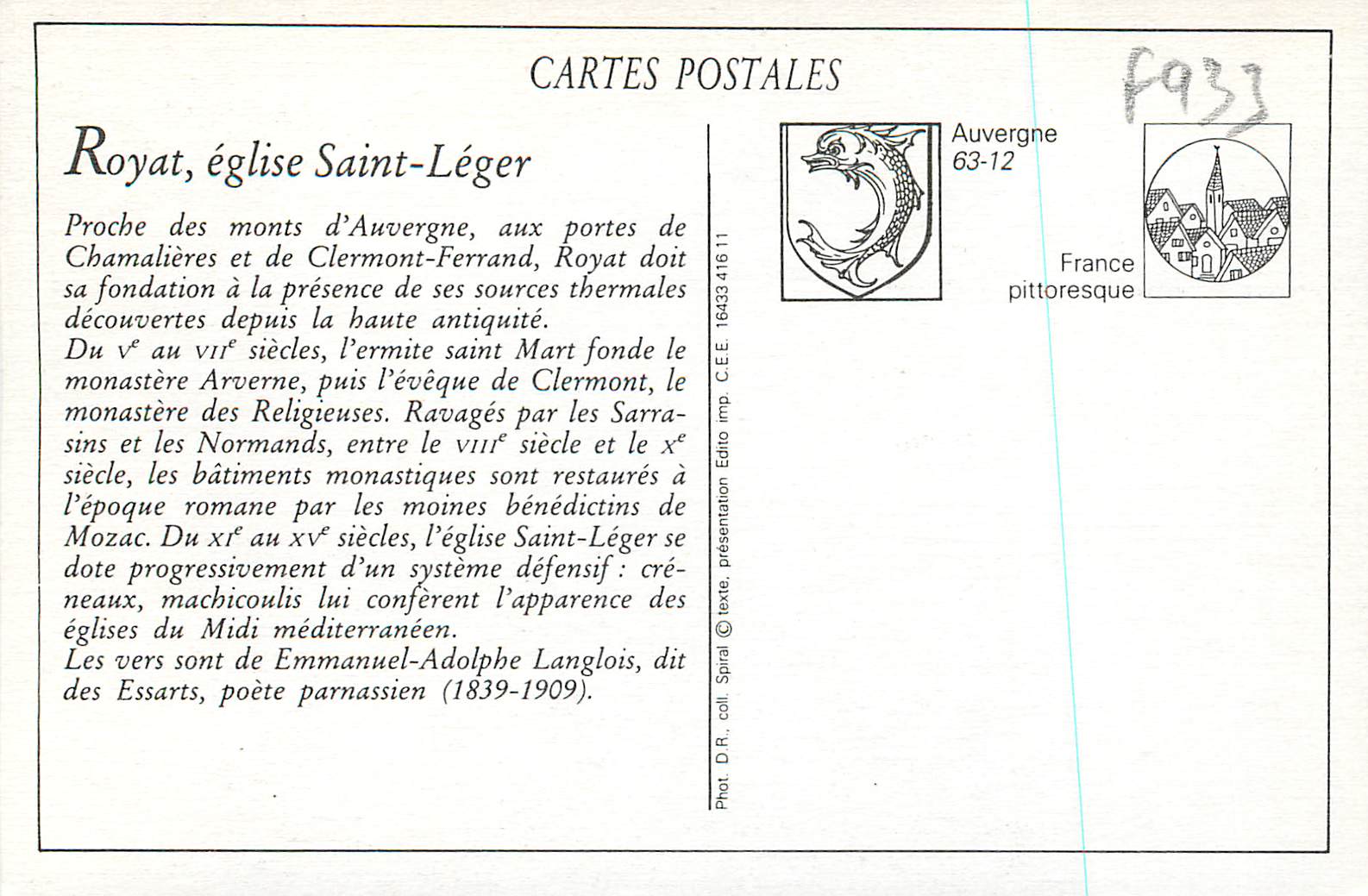 Royat — L'Église — Jeanne Lamotte, n°3109 — Verso