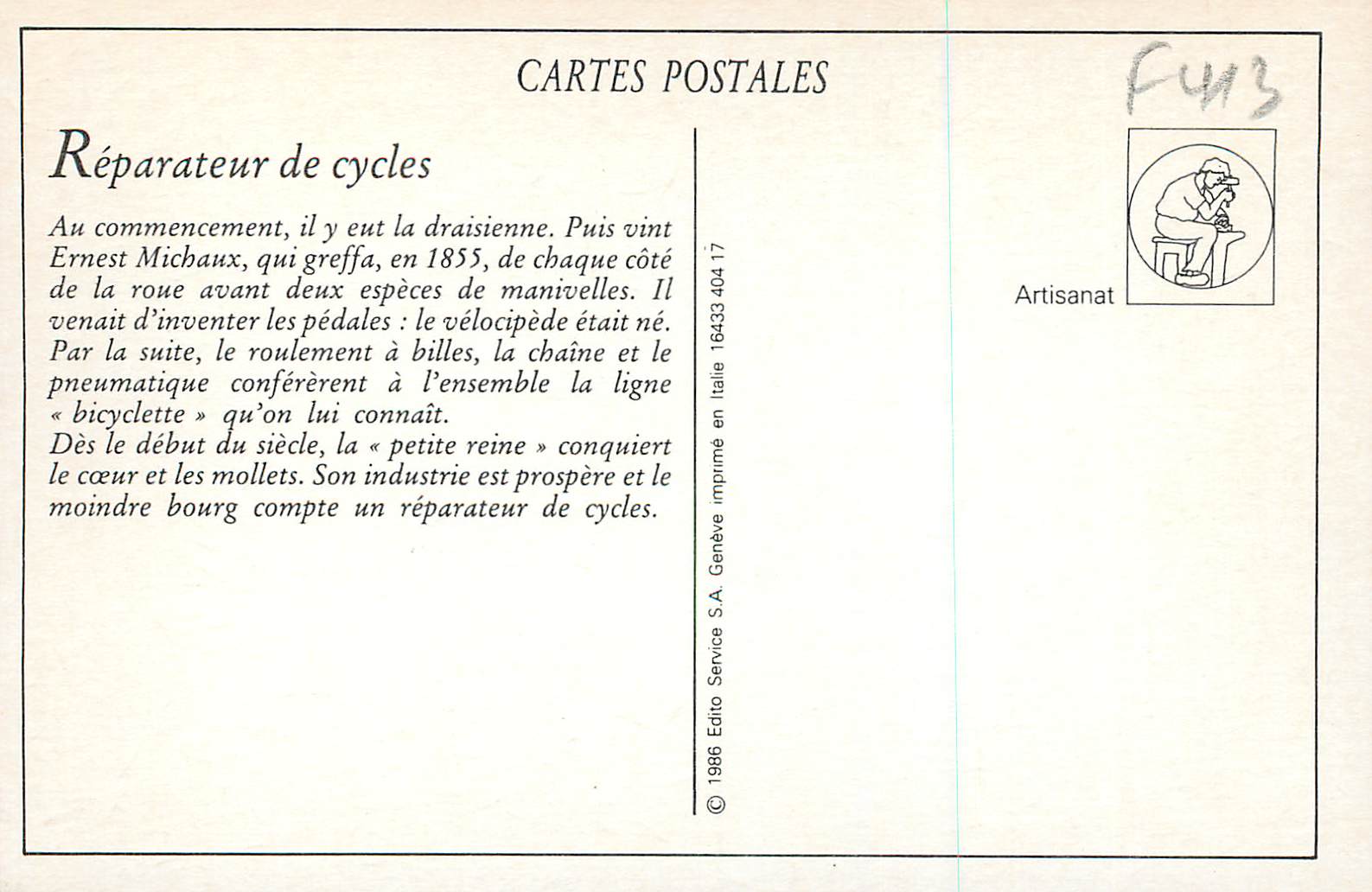 REPRO Reparateur de Cycles Artisat Emile Bechard Velo Cycle — Rückseite