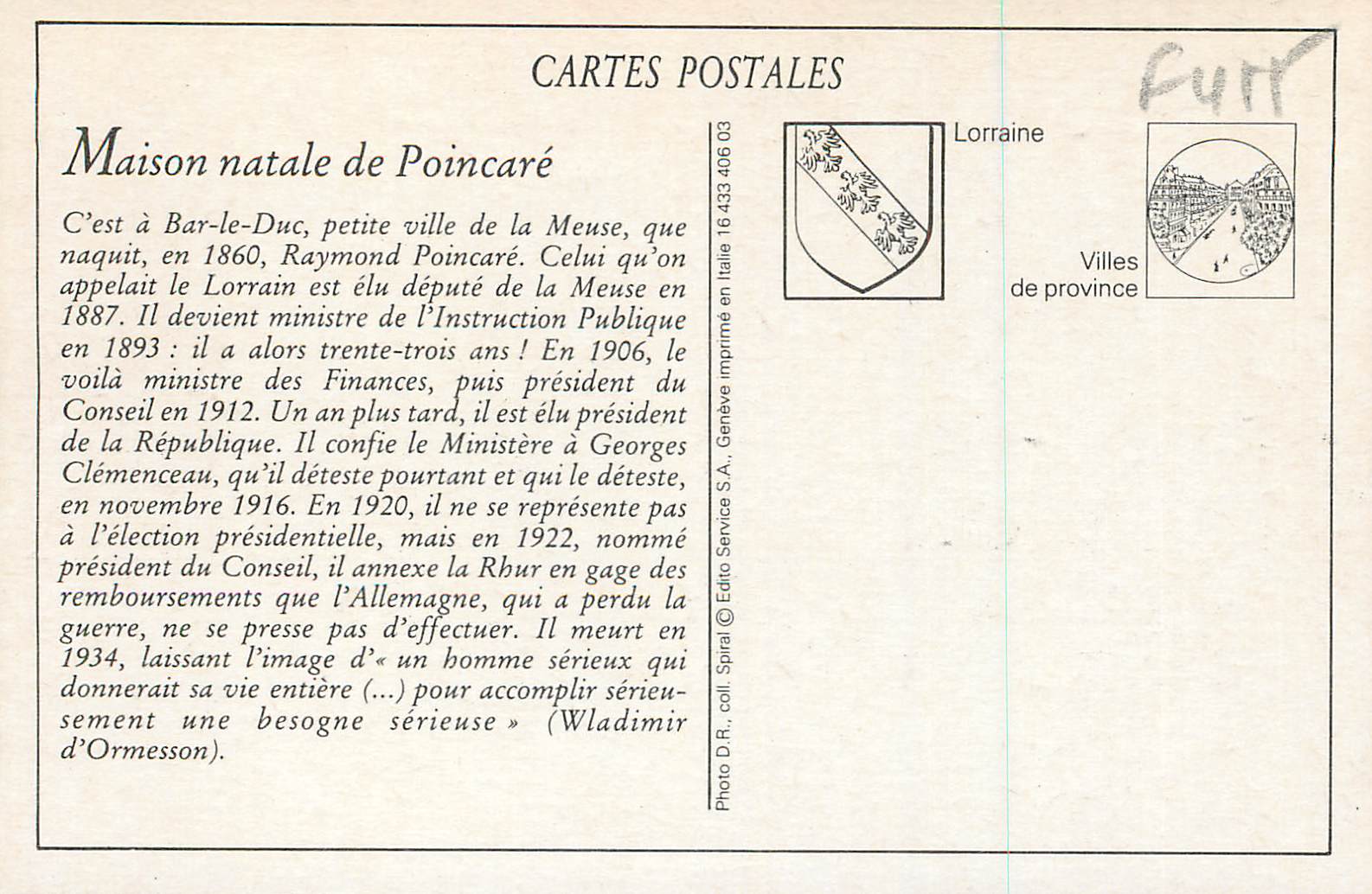 Bar-le-Duc — Maison natale de M. R. Poincaré — Édition des Magasins Réunis — Reverso