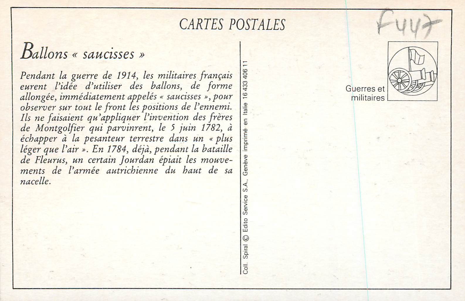 Ballons « saucisses » — Première Guerre Mondiale — Édito Service S.A. n° 16.423.406 11 — Verso