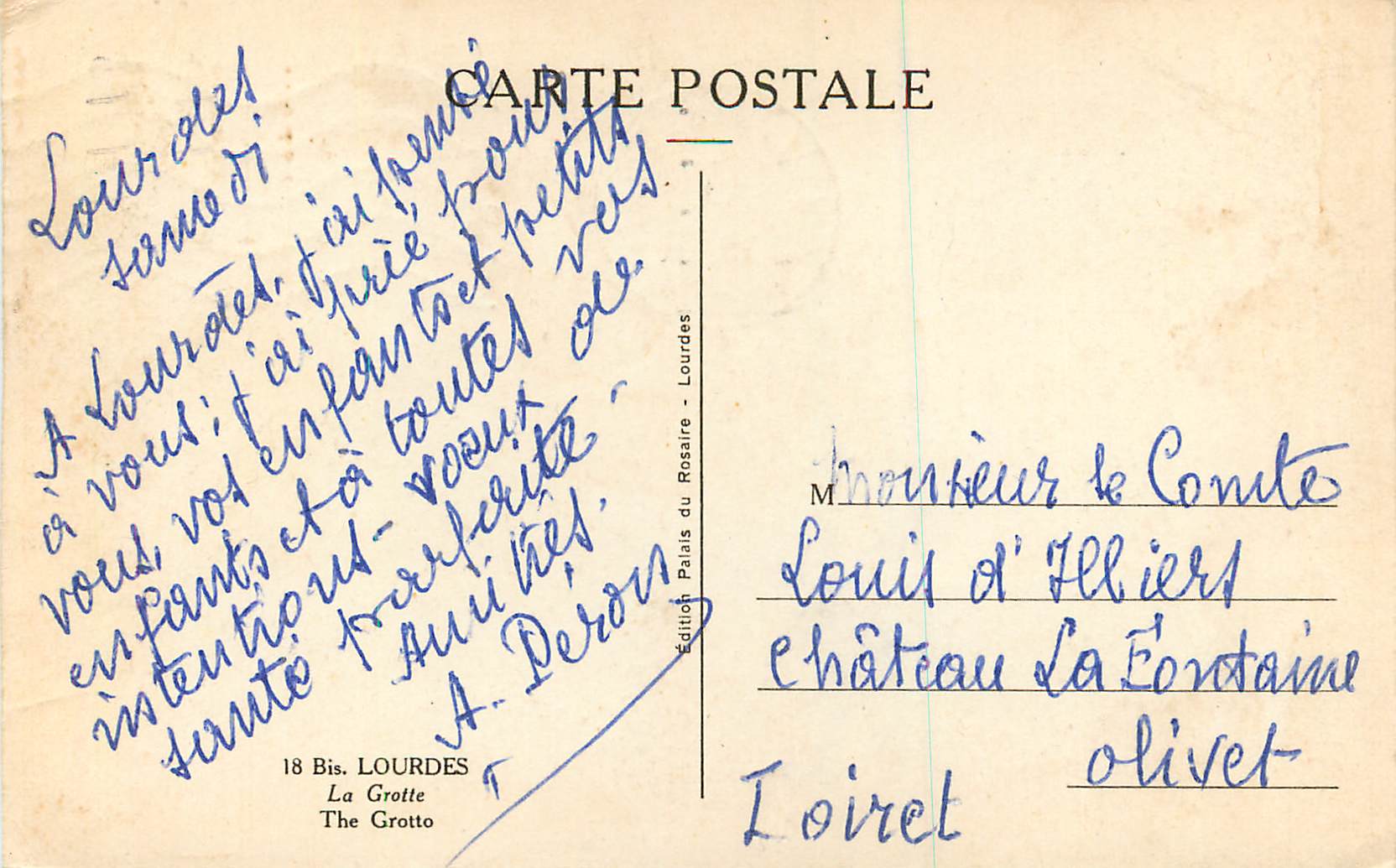 CPA Lourdes Pour Vous J'ai Prie a la Grotte Benie — Verso