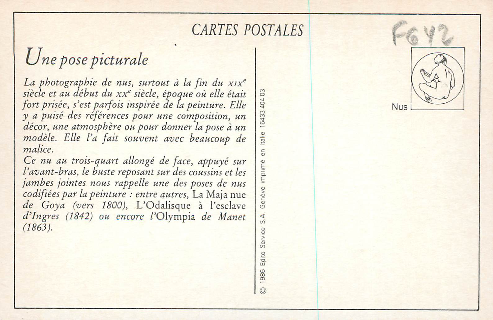 Nus — pose picturale inspirée de la peinture — Édito Service S.A. Genève — Achterkant